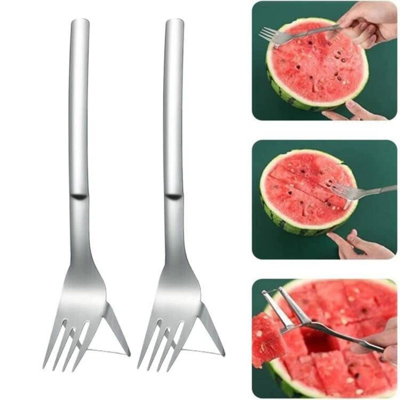 Stainless Steel Watermelon Slicer & Fork - 2-in-1 Kitchen Tool for Cutting and Serving Fruits - Portable Fruit Cutter for Picnics, BBQs, and Home Kitchen Use (2-Piece Set)