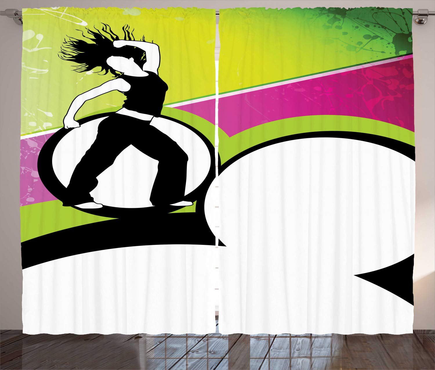 Lunarable Fitness Curtains - Colorful Dancing Woman Sports Design, 2 Panel Window Drapes 108