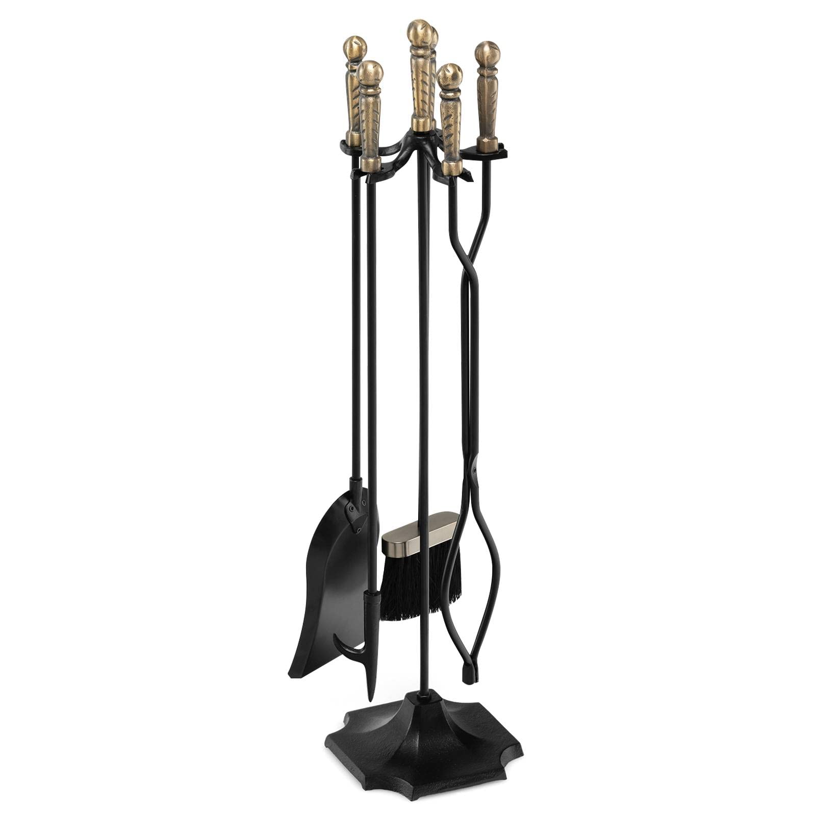 IRONMAX 5-Piece Fireplace Tools Set - Heavy Duty Wrought Iron Fire Pit Accessories with Brush, Shovel, Poker & Tongs - Indoor/Outdoor Fireplace Tool Set for Wood Stove, Fireplace & Campfire Use