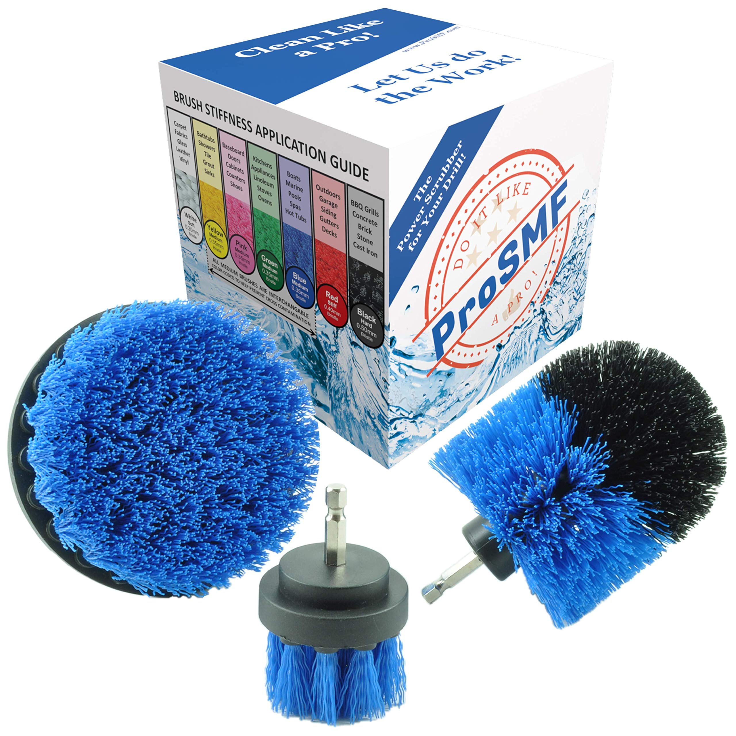 ProSMF Drill Brush Attachment Set - Power Scrubber for Marine, Boat, Pool & Tile Cleaning - Medium Bristle Drill Brush for Kayak, Swimming Pools & Outdoor Surfaces - Blue Cleaning Tool for Deep Scrubbing & Stain Removal