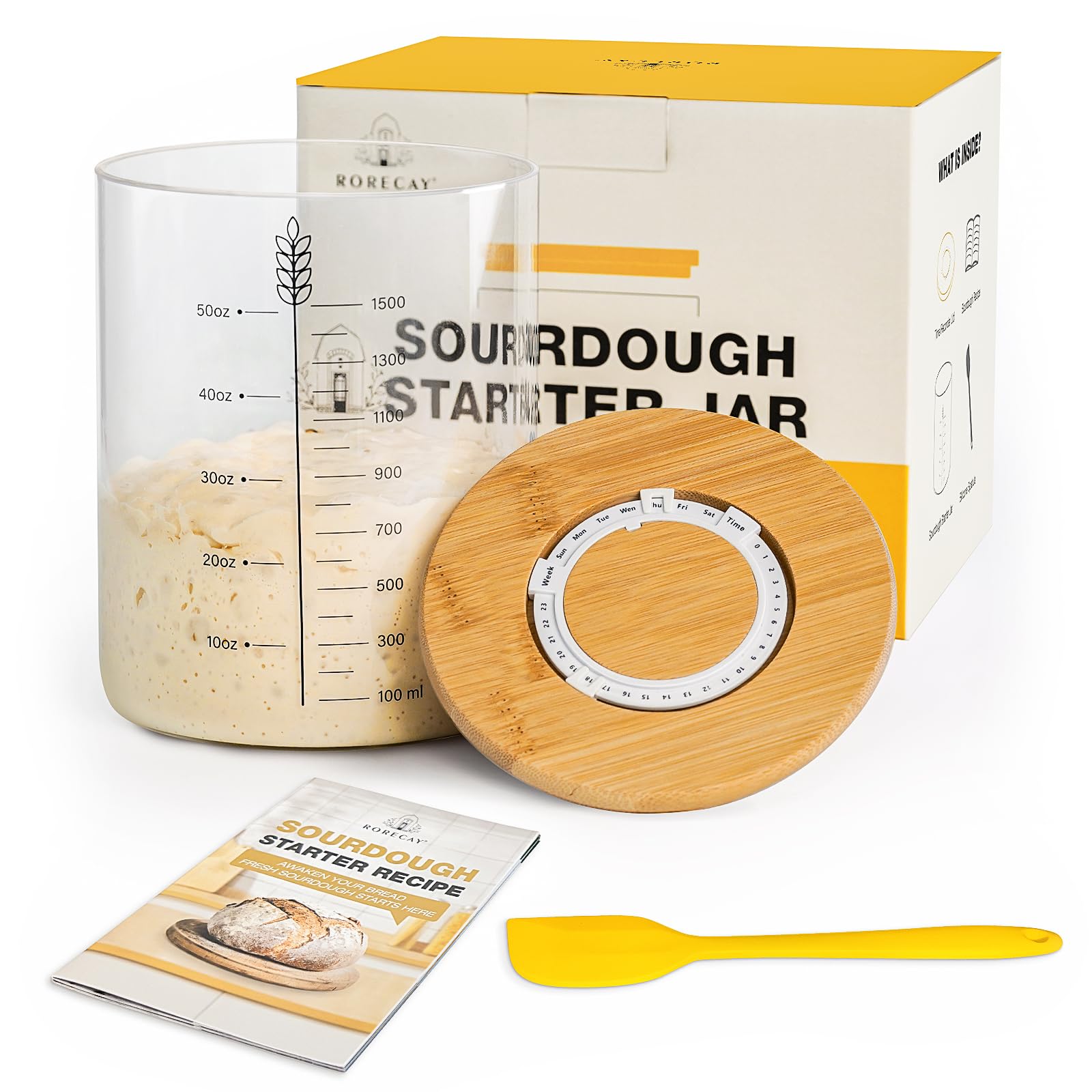 50oz Sourdough Starter Kit with Time Keeper - High Borosilicate Glass Jar, Wide Mouth Crock with Lid, Spatula & Beginner Recipe - Perfect for Home Bakers & Professionals - Great for Bread Making, Artisan Baking & Kitchen Gifts