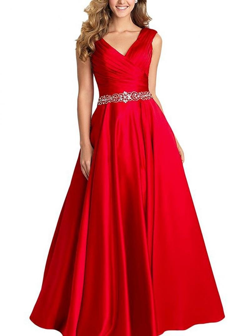 Elegant V-Neck Pleated Satin Prom Dress with Beaded Details - Long Formal Evening Gown for Women - Perfect for Homecoming, Prom Night & Special Occasions