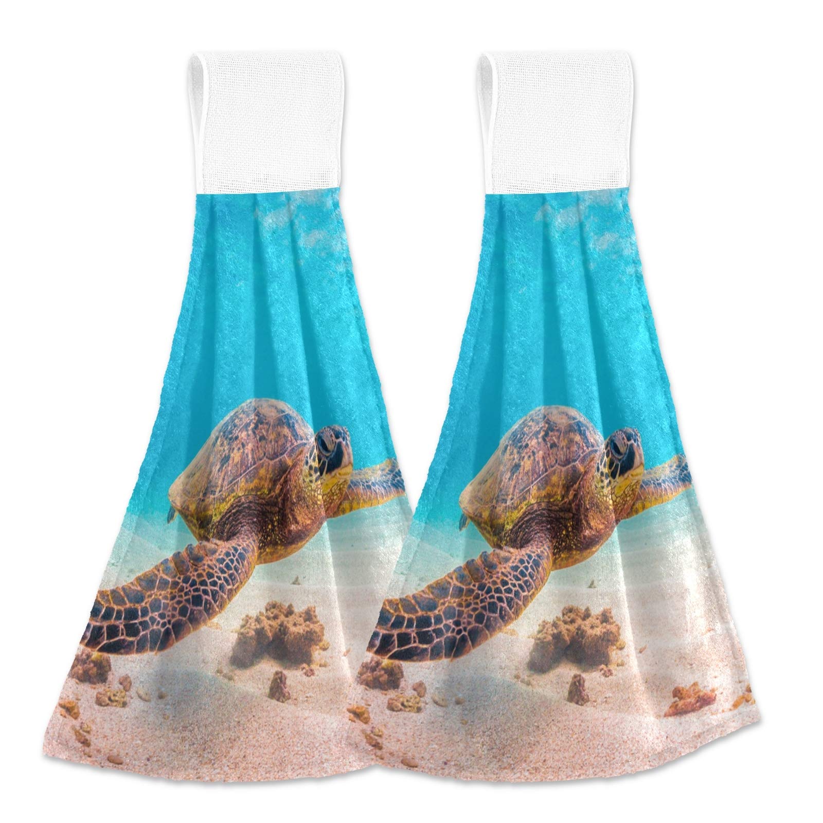 Alaza 2-Pack Hawaiian Green Sea Turtle Kitchen Towels - Super Absorbent Hanging & Hand Towels for Bathroom, Kitchen & Beach Decor