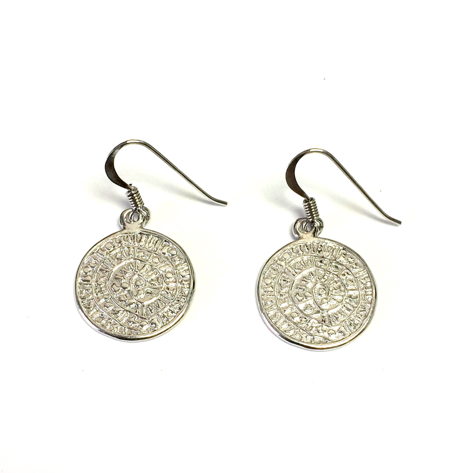 Sterling Silver Rhodium Plated Phaistos Disc Drop Earrings for Women - Vintage Greek Jewelry, Handmade Dangle Earrings - Perfect for Weddings, Parties & Special Occasions