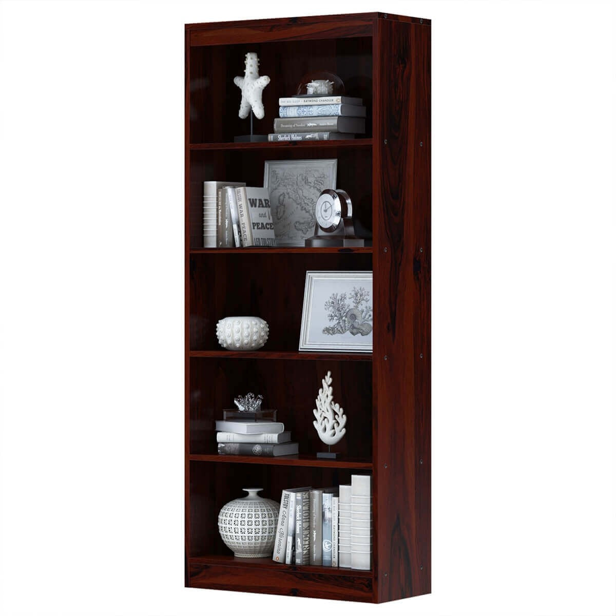 Solid Wood 5-Tier Open Shelf Bookcase - Rustic Style Home Office Bookshelf for Living Room, Bedroom & Study Organization
