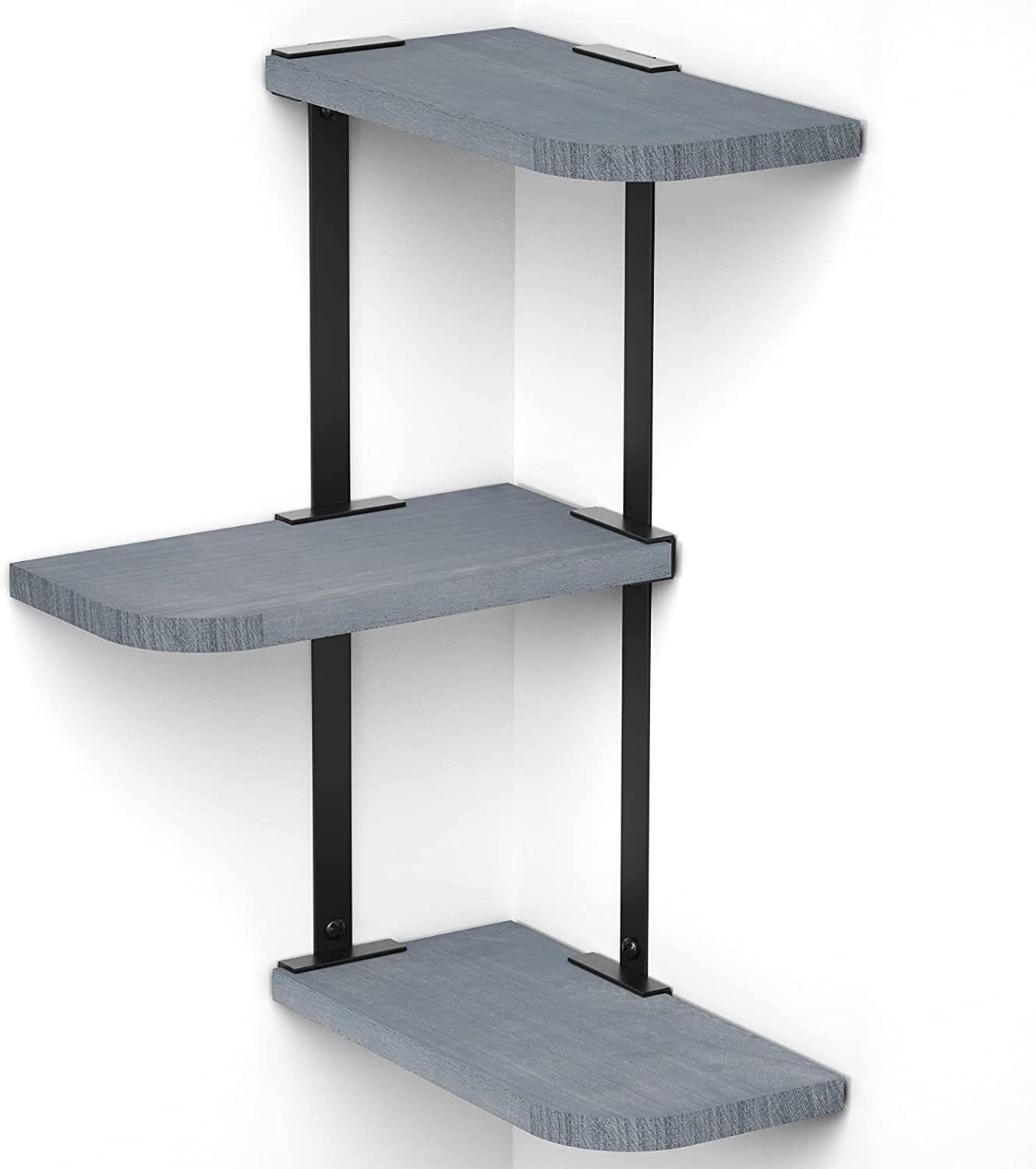3-Tier Rustic Wood Floating Corner Shelf - Wall Mounted Storage for Bedroom, Bathroom & Living Room | Grey Mikalo Wall Shelves for Home Decor & Organization