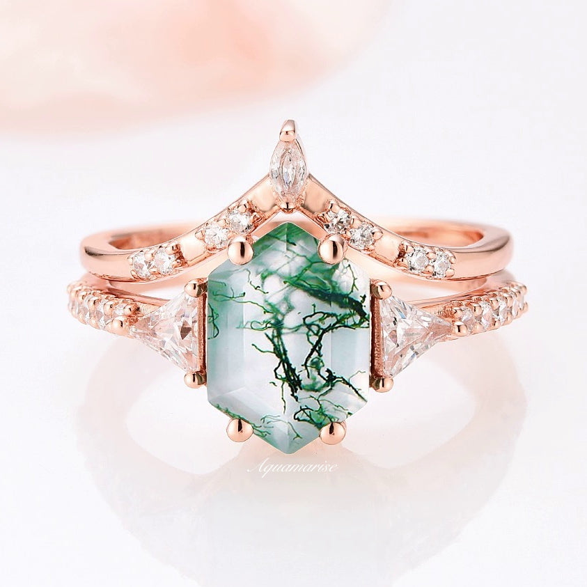 Hexagon Green Moss Agate Ring Set - 14K Rose Gold Vermeil Jewelry for Women, Elegant Stackable Rings for Everyday Wear, Gift for Her, Birthday & Anniversary Present