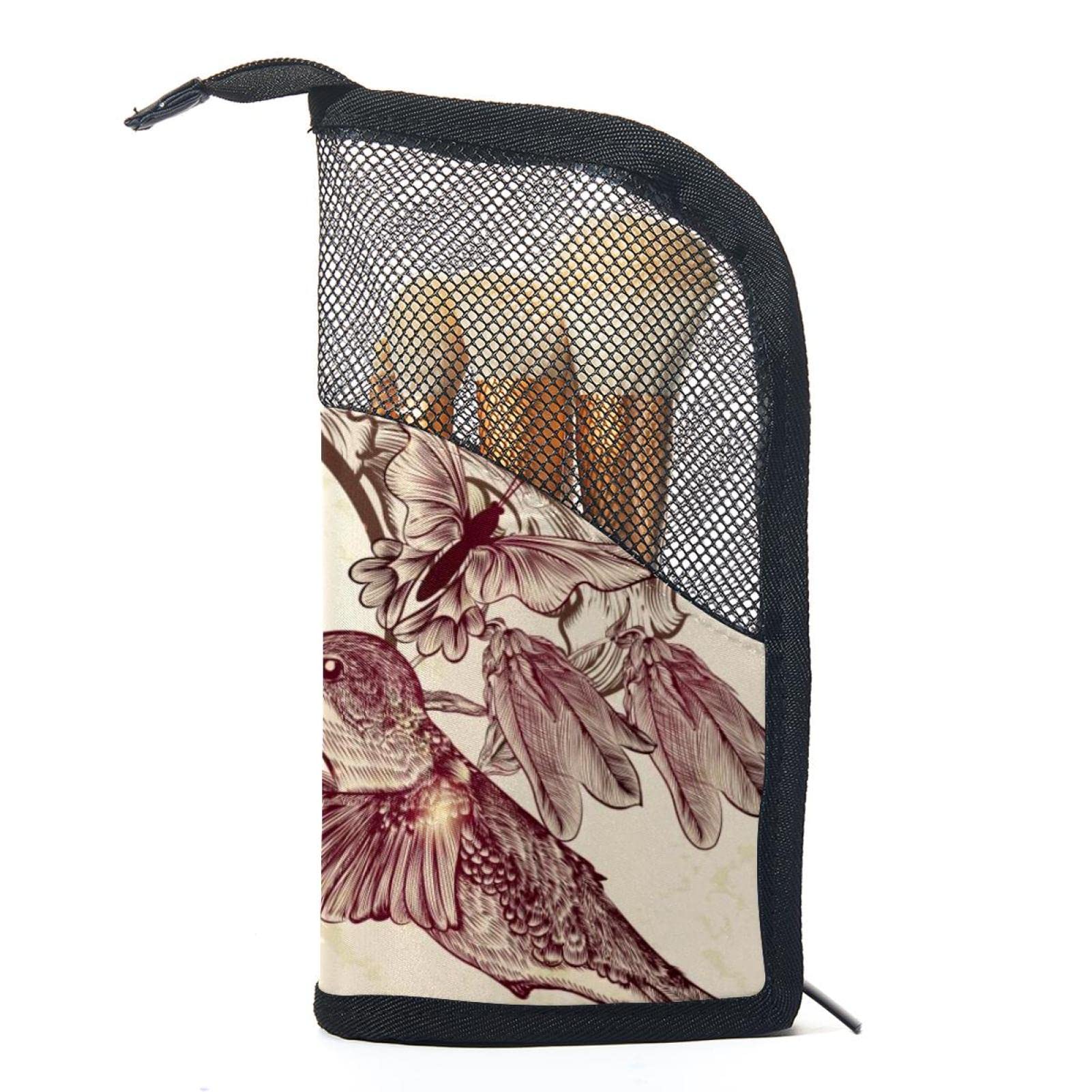 12-Piece Makeup Brush Organizer Bag with Retro Floral Hummingbird Design - Portable Cosmetic Brush Holder Case for Travel & Home Storage