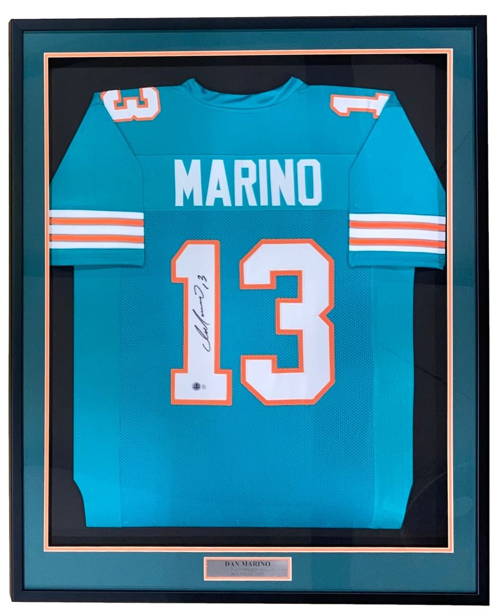 Dan Marino Autographed Miami Dolphins Teal Football Jersey - Framed & Customized for Display - Perfect for Sports Memorabilia Collectors and Dolphins Fans