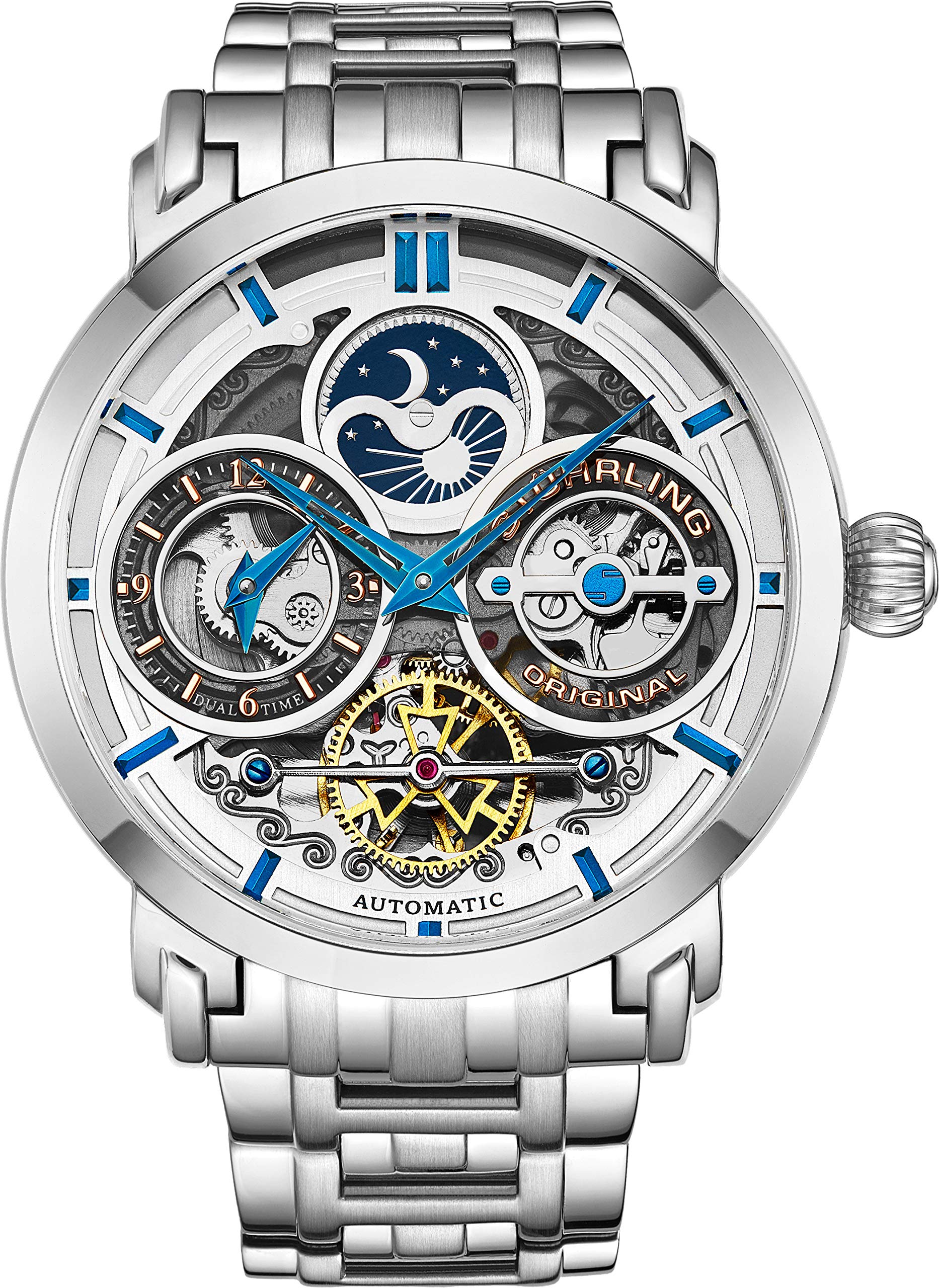 Stuhrling Original Men's Automatic Watch - Stainless Steel Skeleton Dial with Dual Time & Sun Moon AM/PM Indicator - Silver 371B Series for Business & Formal Occasions