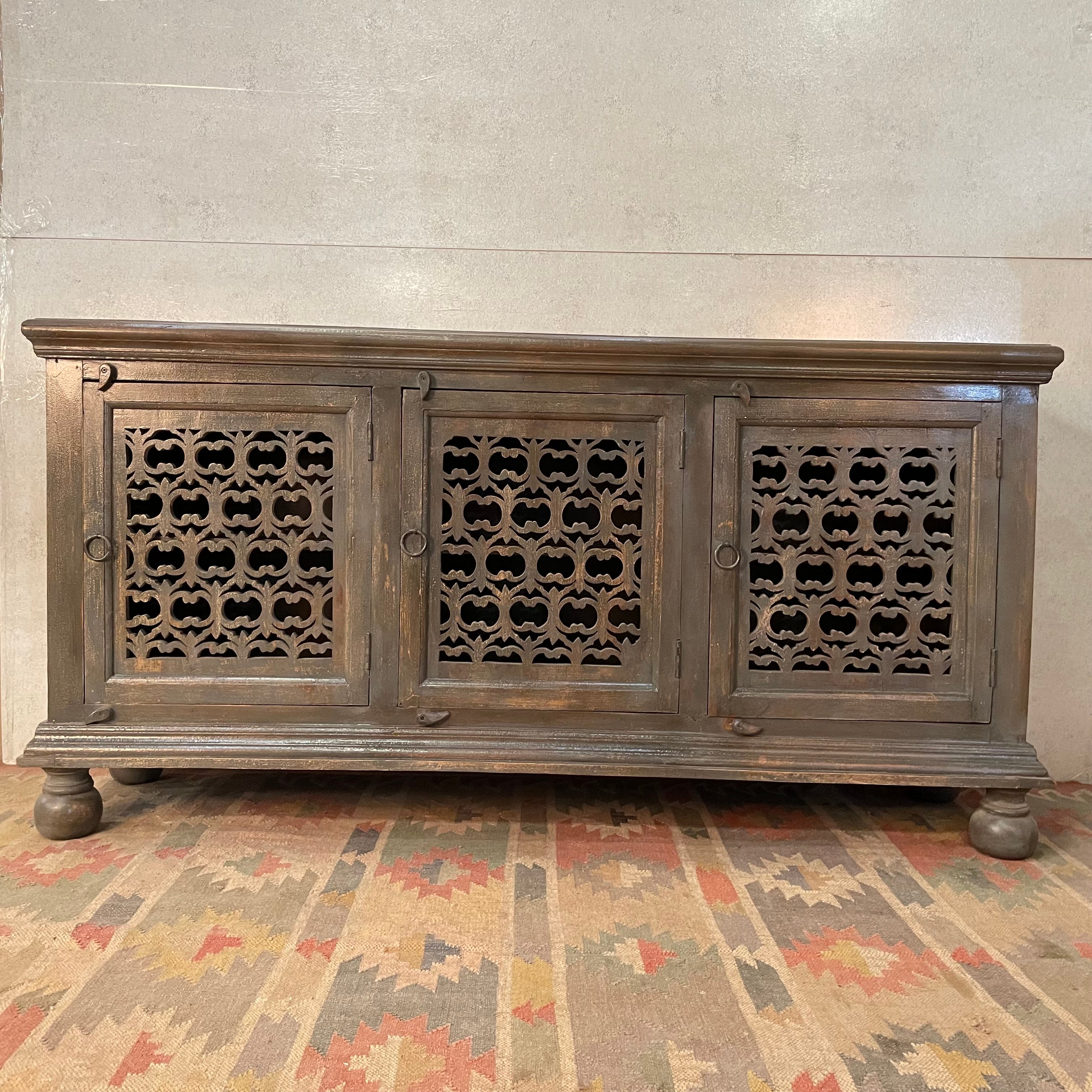 Handmade Solid Wood Carved Indian Sideboard with Jali Doors - Grey Finish, 72.4