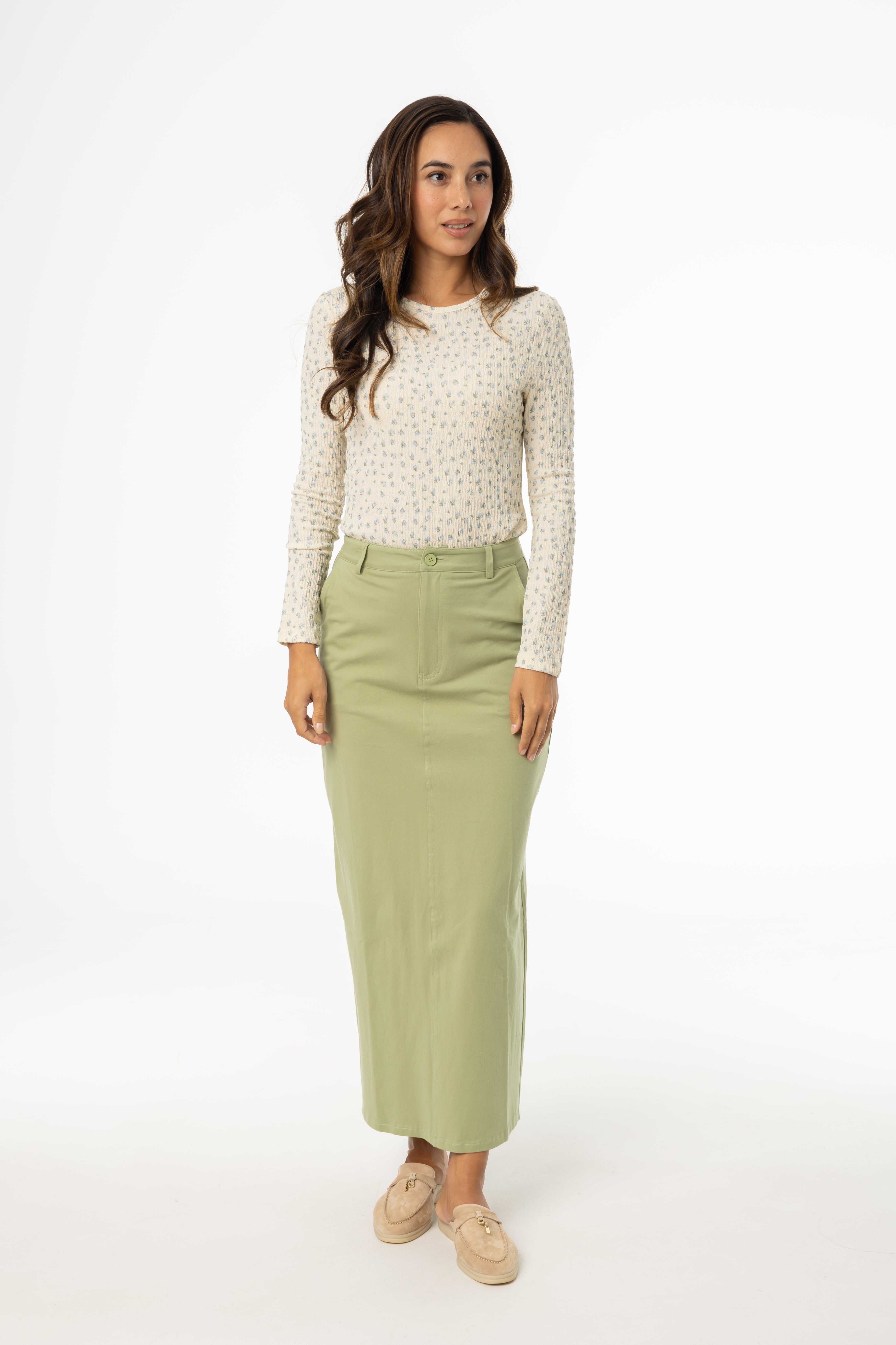 Premium Matcha Green Stretch Cotton Maxi Skirt for Women - Comfortable High Waisted Flowy Long Skirt for Summer, Beach, Boho Style & Casual Outfits