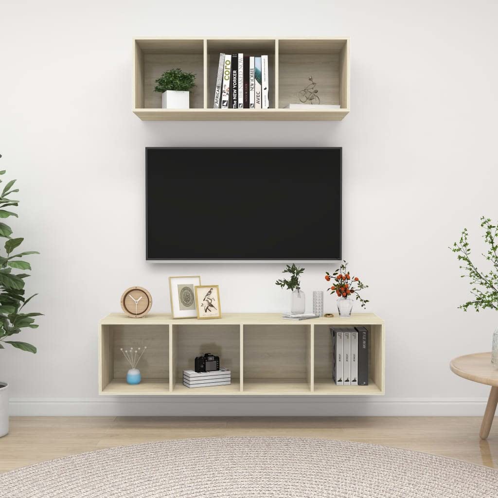 Modern Floating TV Cabinet Set of 2 - Wall Mounted Media Console with Cube Storage, Brown Entertainment Center for Living Room & Bedroom | Space-Saving Home & Office Furniture for Small Apartments