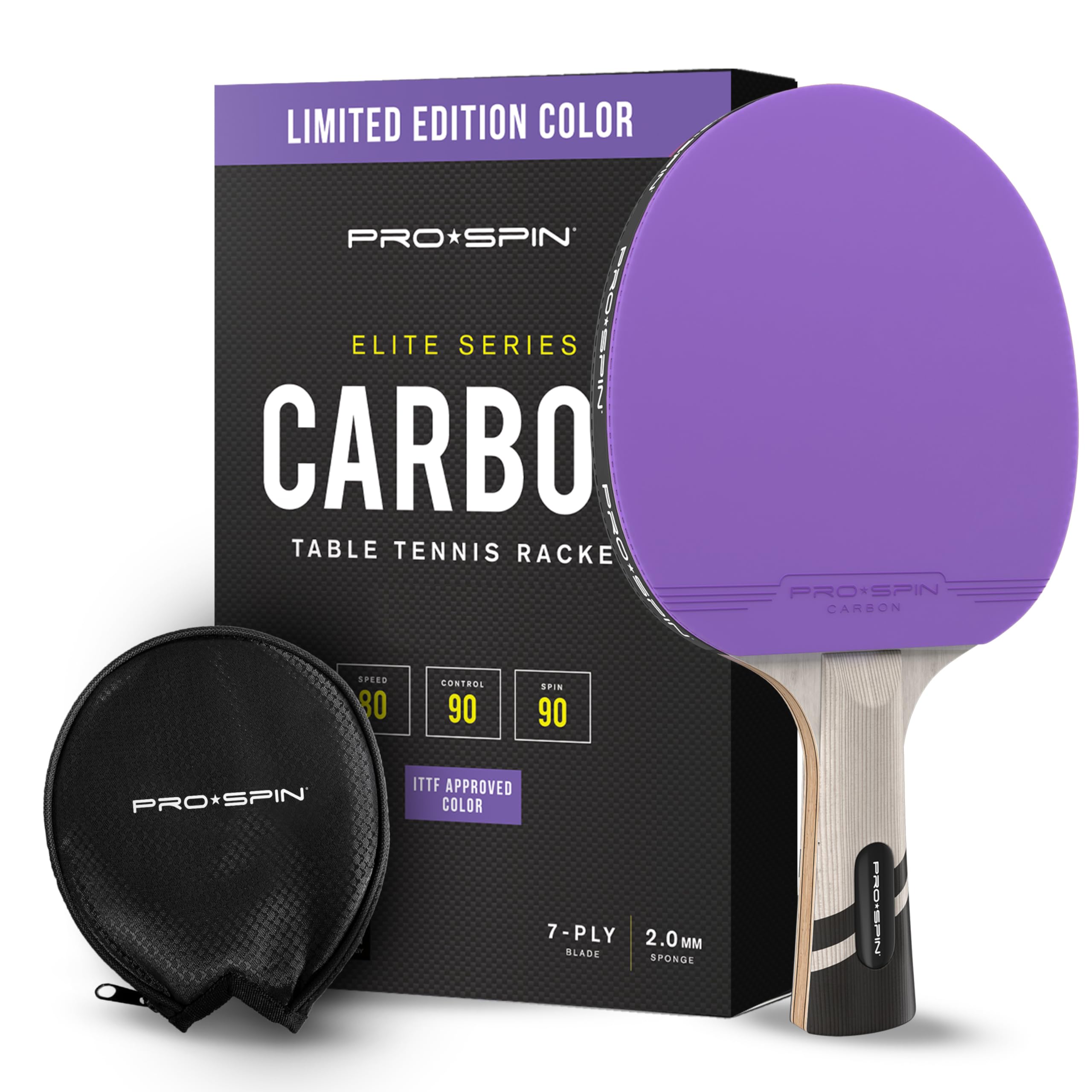 PRO SPIN Premium Carbon Fiber Ping Pong Paddle | Limited Edition Colors, Elite 7-Ply Blade, High-Quality Rubber, 2.0mm Sponge, Protective Case - Perfect for Professional Tournaments, Club Play & Home Practice