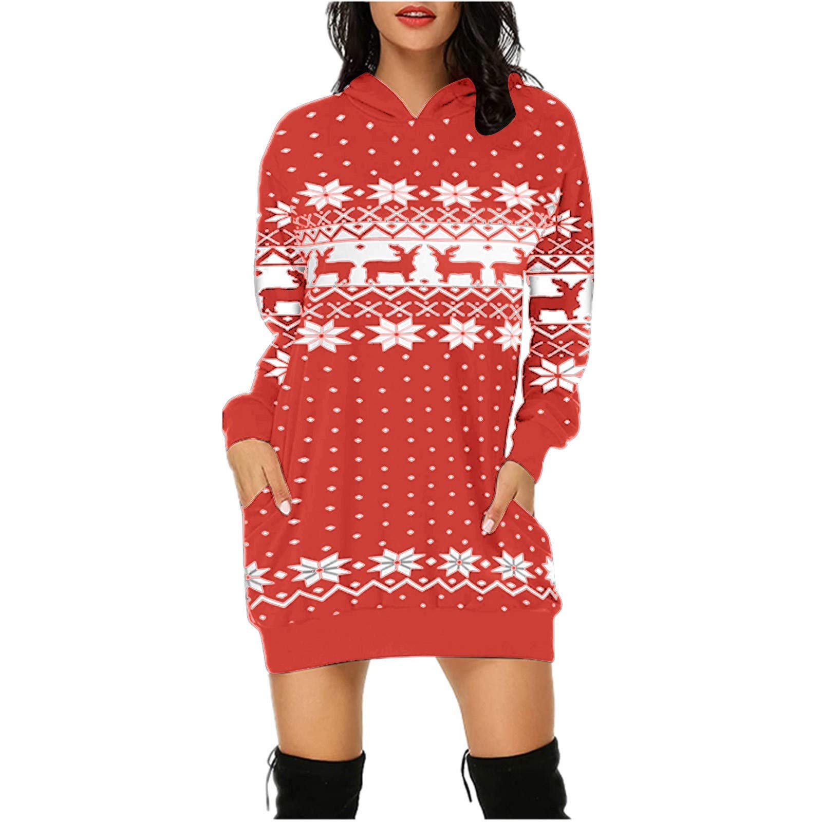 KASAAS Women's Christmas Print Hoodie Dress with Hip Pocket - Casual Wrap Dress for Holiday Parties, Family Gatherings & Winter Fashion - Red