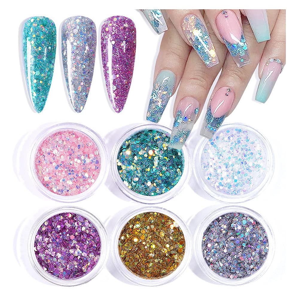Holographic Acrylic Nail Art Kit - 6 Boxes Glitter Powder Set with 3D Flakes for Professional Nail Designs | Perfect for Salon, DIY Manicures & Special Occasions