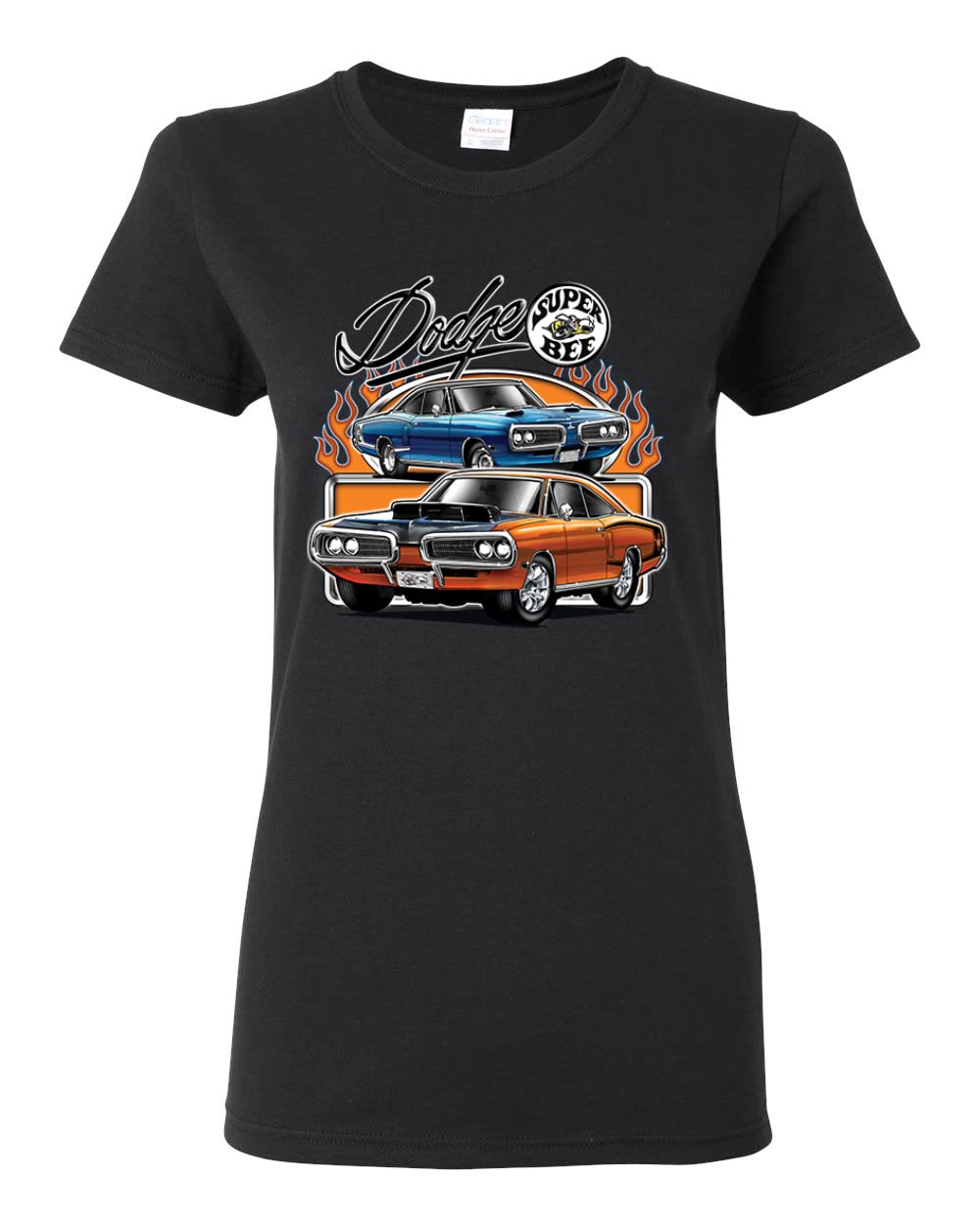 Flaming Dodge Super Bee Muscle Car Graphic T-Shirt for Women | Vintage American Muscle Car Tee | Casual Wear, Car Enthusiast Gift, Retro Style Outfit