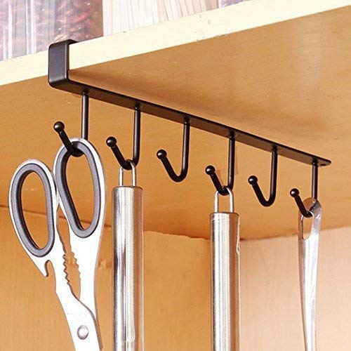 LVZGR Under Shelf Coffee Mug Holder - 6 Hook Metal Rack Organizer for Kitchen Counter, Cabinet & Table - Space Saving Storage Solution for Cups, Mugs & Utensils (Black) - Perfect for Small Kitchens, Office Break Rooms & Dorm Organization
