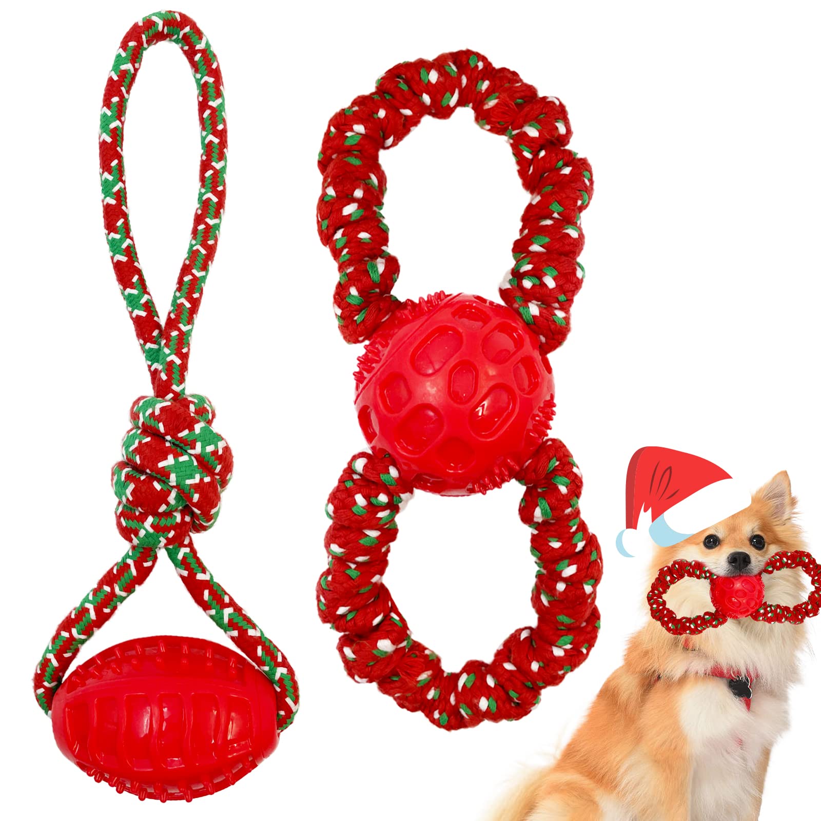Lepawit Christmas Dog Toys - 2 Pack Cotton Rope Toys with Rubber Ball for Small & Medium Dogs | Durable Tug of War Chew Toy | Perfect Holiday Gift for Pets | Great for Indoor Play, Training & Bonding Time