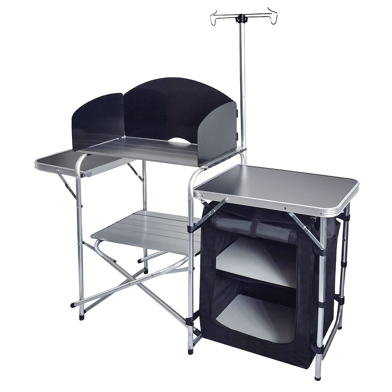 CampLand Portable Folding Camping Table - Lightweight Aluminum Outdoor Cooking Station with Storage Organizer for Picnics, BBQs & RV Trips (Black)