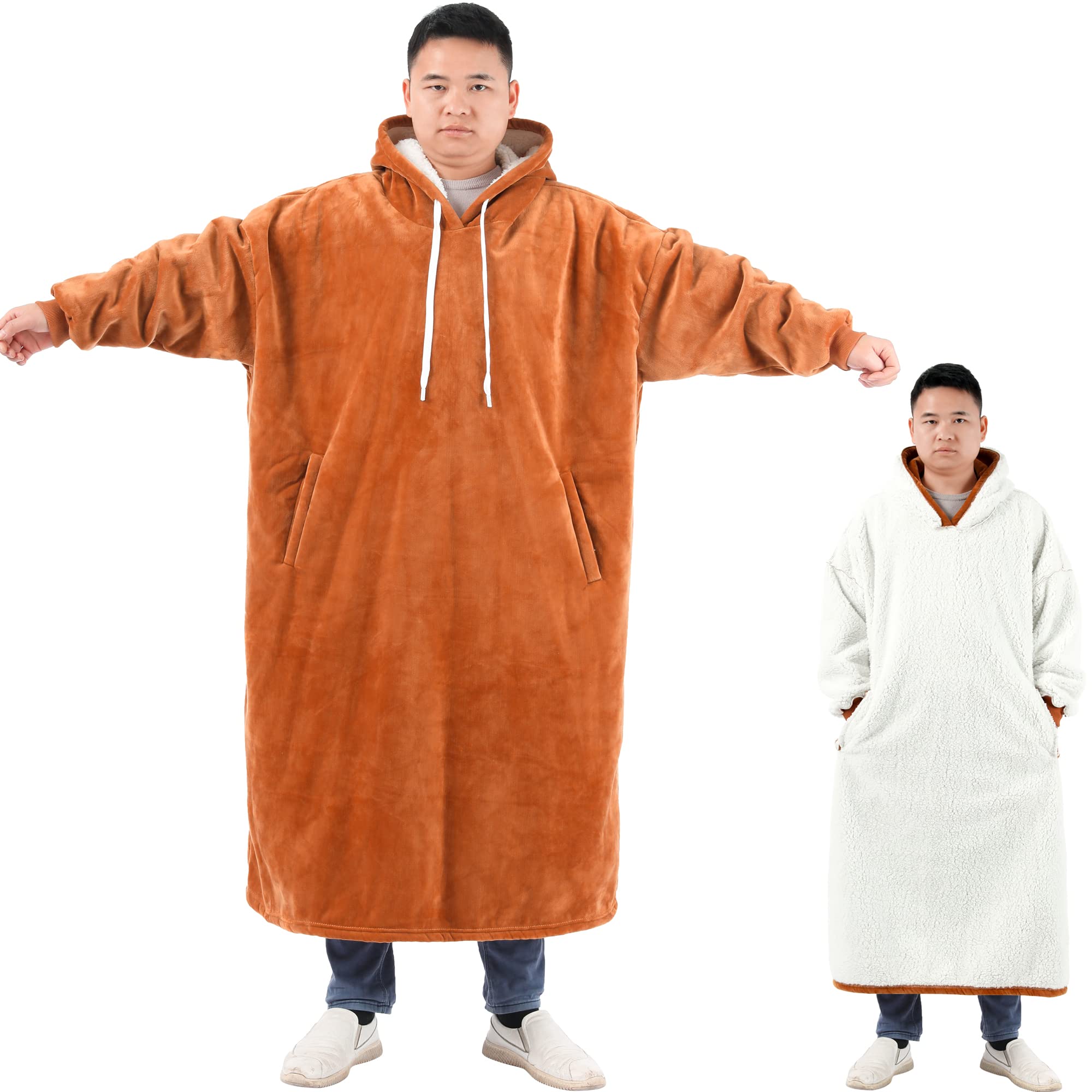 Moosth Oversized Sherpa Wearable Blanket Hoodie - Soft Flannel Plush Blanket Sweatshirt for Men & Women - 47 Inch Warm Cozy Loungewear (Khaki) - Perfect for Camping, Home Relaxation & Birthday Gifts