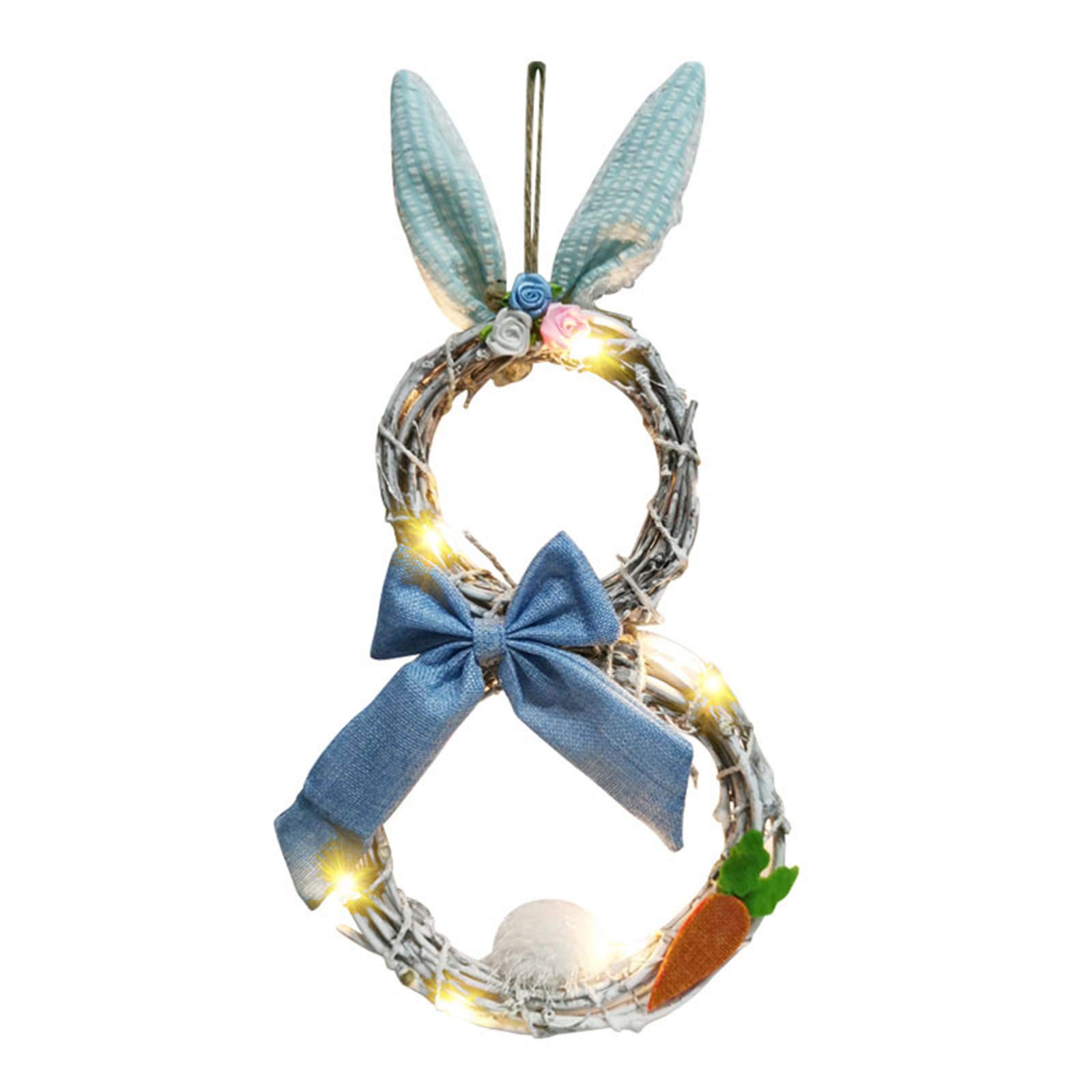 Handmade Rattan Easter Bunny Rabbit Wreath with LED Lights - Blue 48x25cm - Spring Door Hanging Garland for Front Door, Holiday Home & Wall Decor - Perfect for Easter Celebrations, Spring Parties & Festive Home Decorations