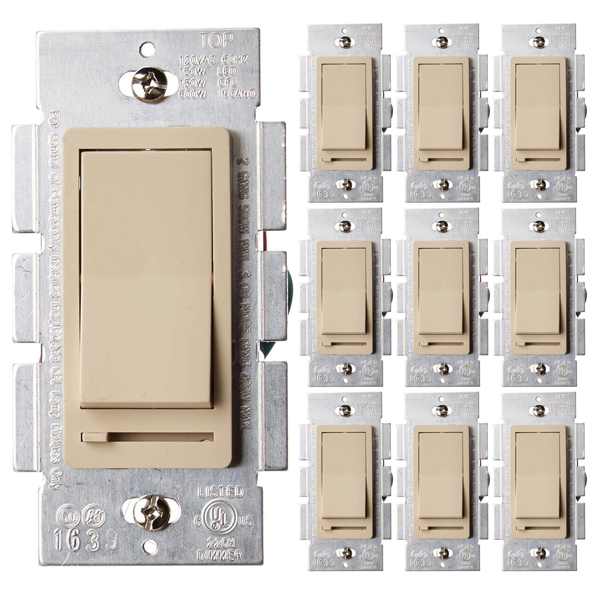 LED Dimmer Switch Decora Ivory - Single Pole & 3-Way Compatible, Works with LED/CFL Dimmable Bulbs (10 Pack) - Perfect for Bedroom, Living Room & Home Lighting Control