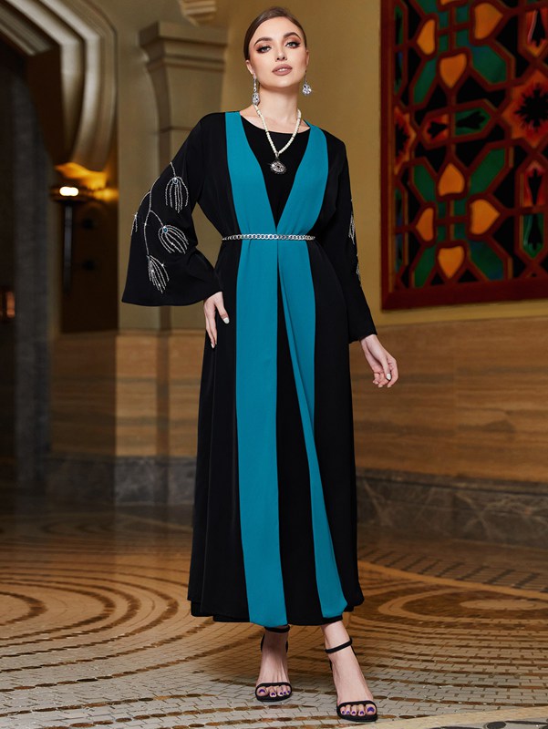 Hand Stitched Rhinestone Flare Sleeve Open Abaya Dress for Muslim Women - Perfect for Eid, Weddings & Special Occasions