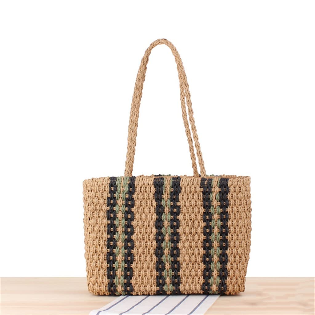 YFQHDD Striped Women's Tote Bag - Handmade Knitted Bohemian Straw Beach Shoulder Bag - Large Capacity Summer Handbag (One Size) - Perfect for Beach Outings, Picnics & Shopping