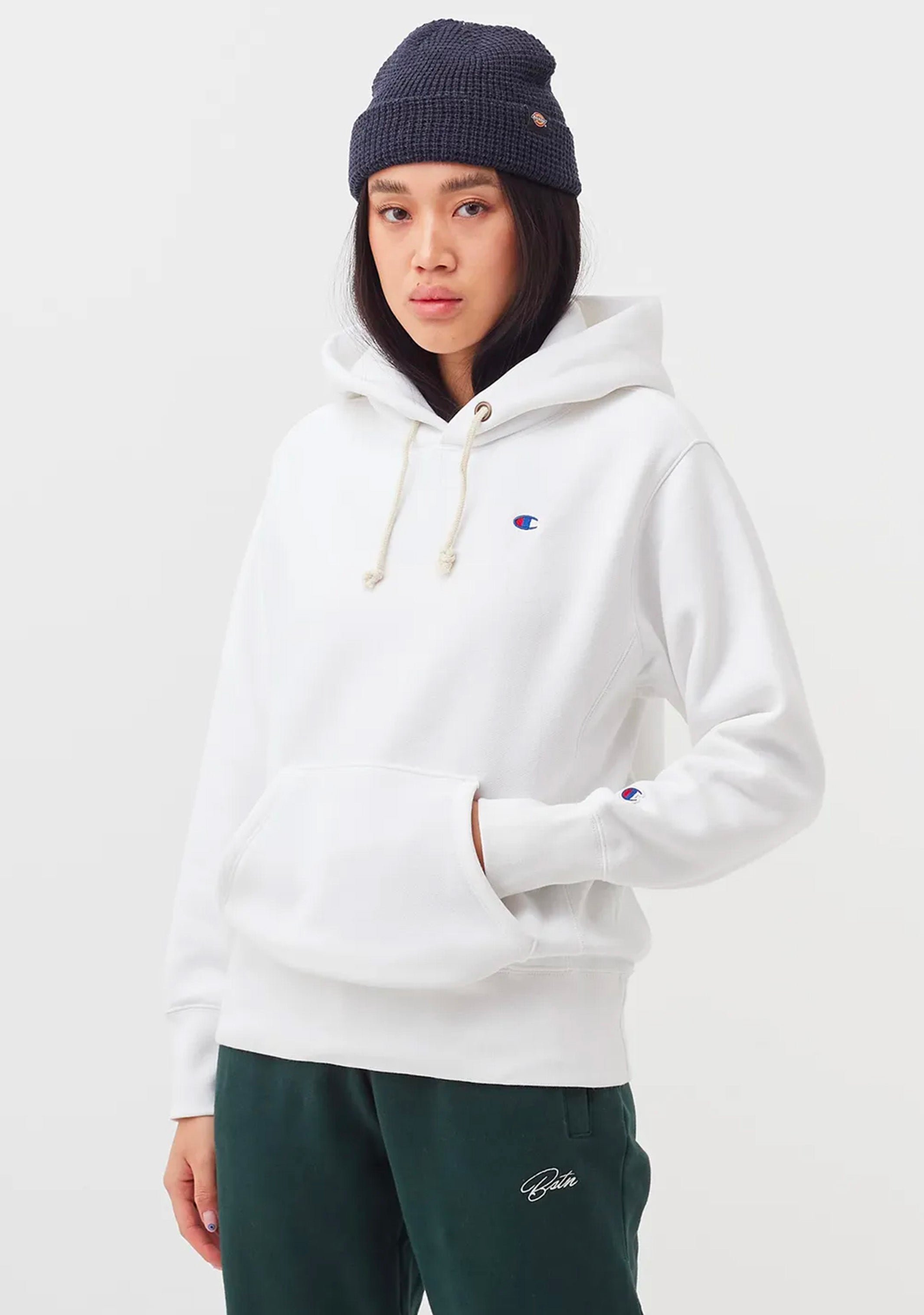 Champion Women's Reverse Weave C Logo Regular Fit Hoodie - White | Soft Cotton Pullover Sweatshirt for Casual Wear, Gym & Lounge