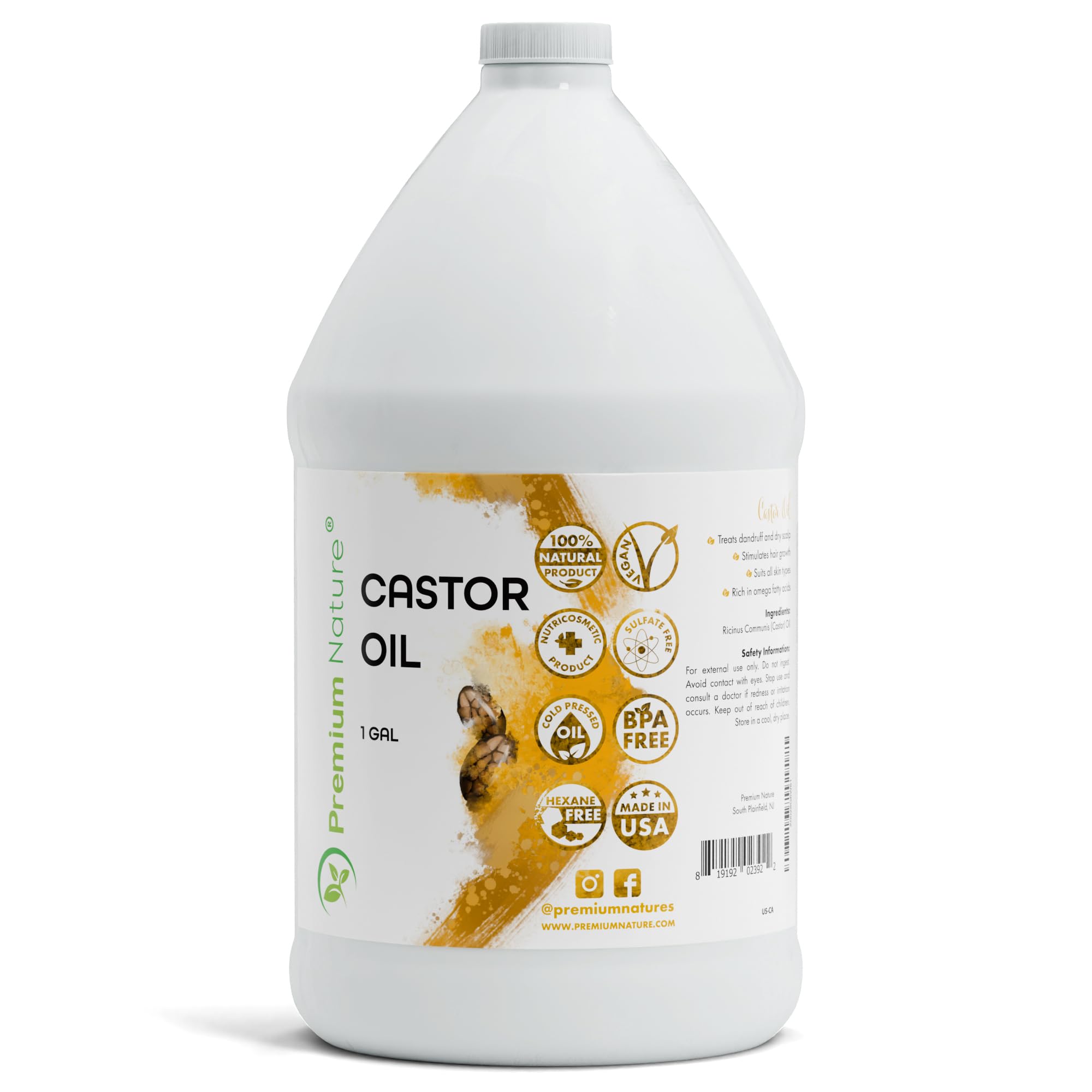 Pure Cold-Pressed Castor Oil for Skin, Hair & Eyelash Growth - 100% Natural Carrier Oil for Essential Oils Mixing, Face & Body Moisturizer, Hair Serum - 1 Gallon - Perfect for DIY Beauty, Natural Skincare & Hair Care Routine