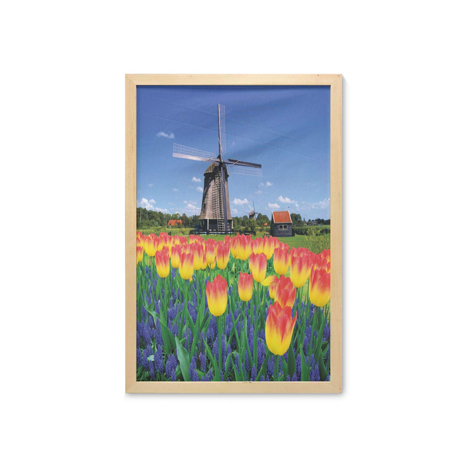 Ambesonne Framed Landscape Wall Art - Dutch Windmill & Tulip Blooms in Netherlands Countryside, Spring Scene Fabric Poster for Bathroom, Living Room, Bedroom, Dorm Decor (23