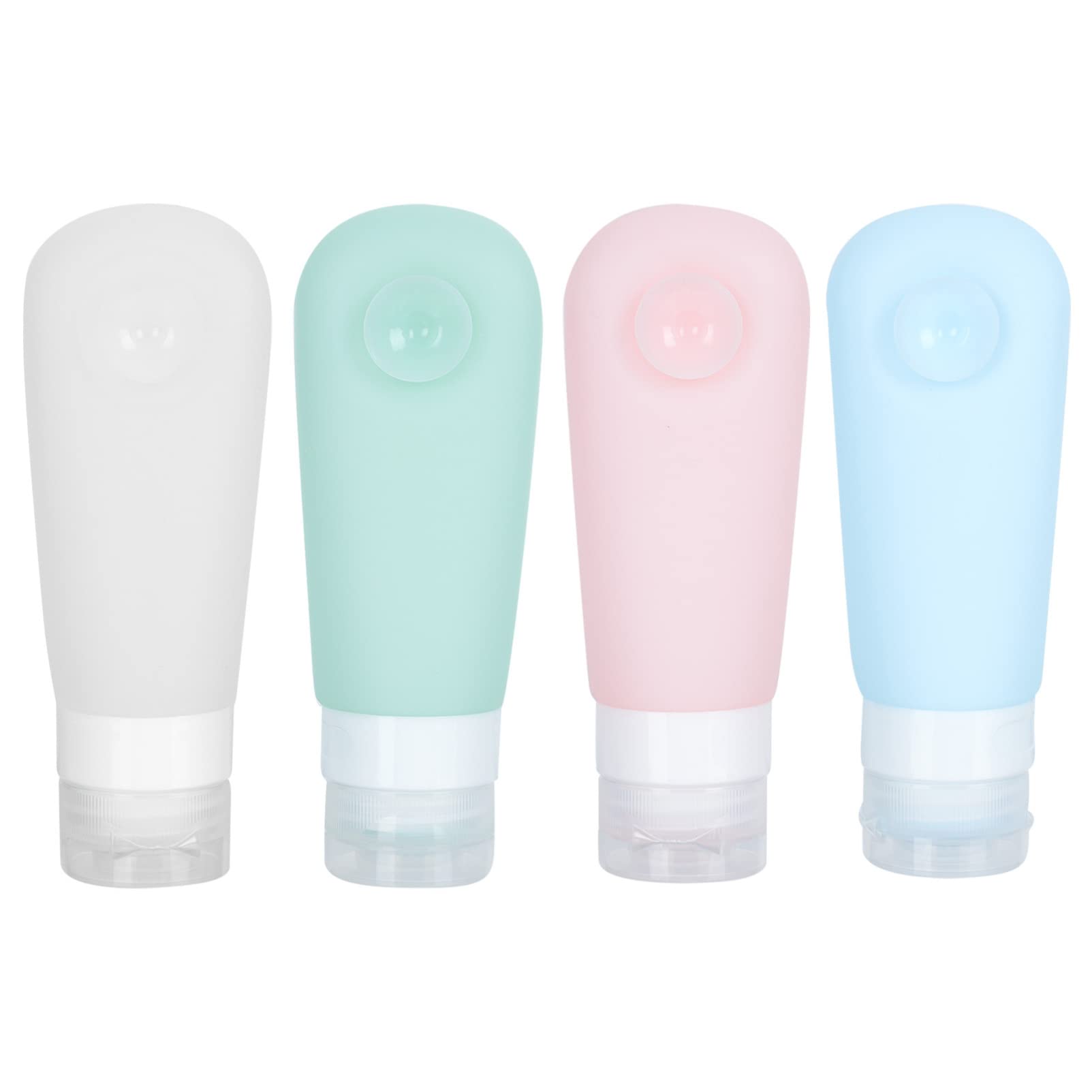 FRCOLOR Squeezable Silicone Travel Bottles - 4 Pack Refillable Leak-Proof Toiletry Containers with Suction Cup & Flip Cap - Perfect for Shampoo, Lotion, Cosmetics on Vacation, Gym, or Airplane Travel