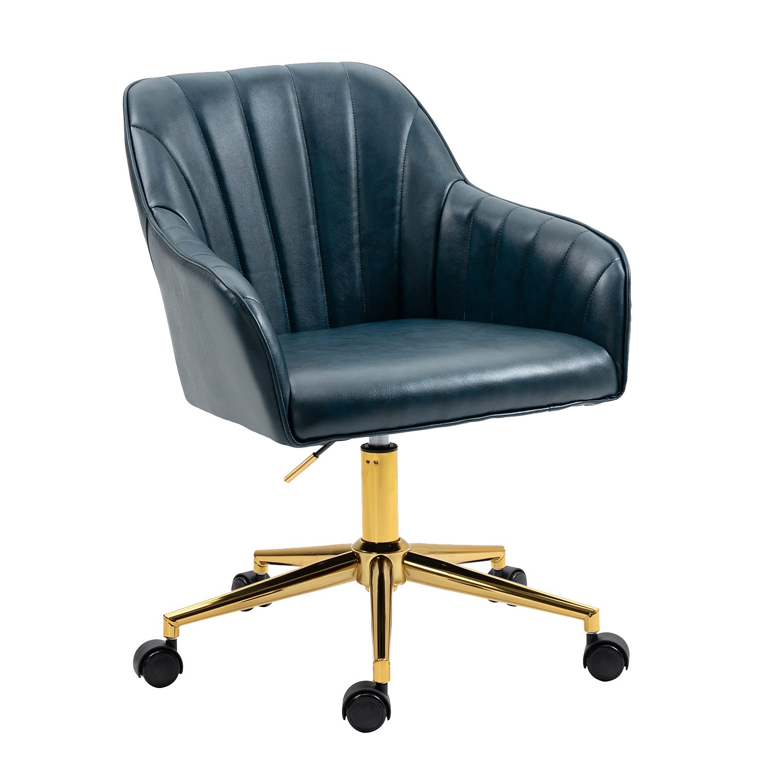 MOJAY Modern Home Office Chair - Faux Leather & Fabric Upholstered Swivel Desk Chair with Golden Legs - Ergonomic Armchair for Office, Bedroom, Study (Dark Blue) - Perfect for Working, Gaming & Home Decor