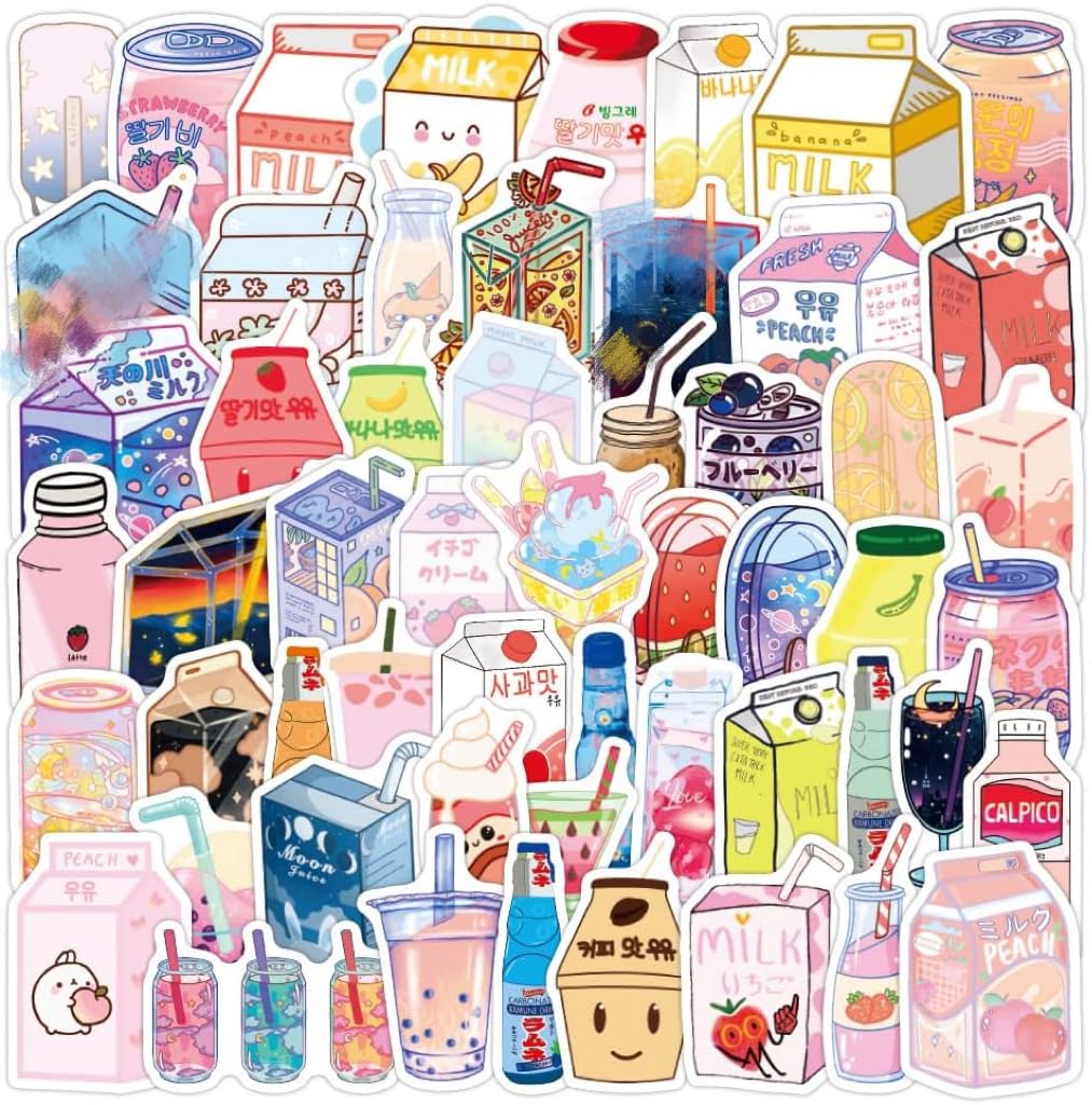 Tuqiso 50PCS Cute Boba Stickers - Kawaii Drink & Aesthetic Japanese Stickers for Water Bottles, Laptops, Journals - Perfect for Teens, Girls & Kids