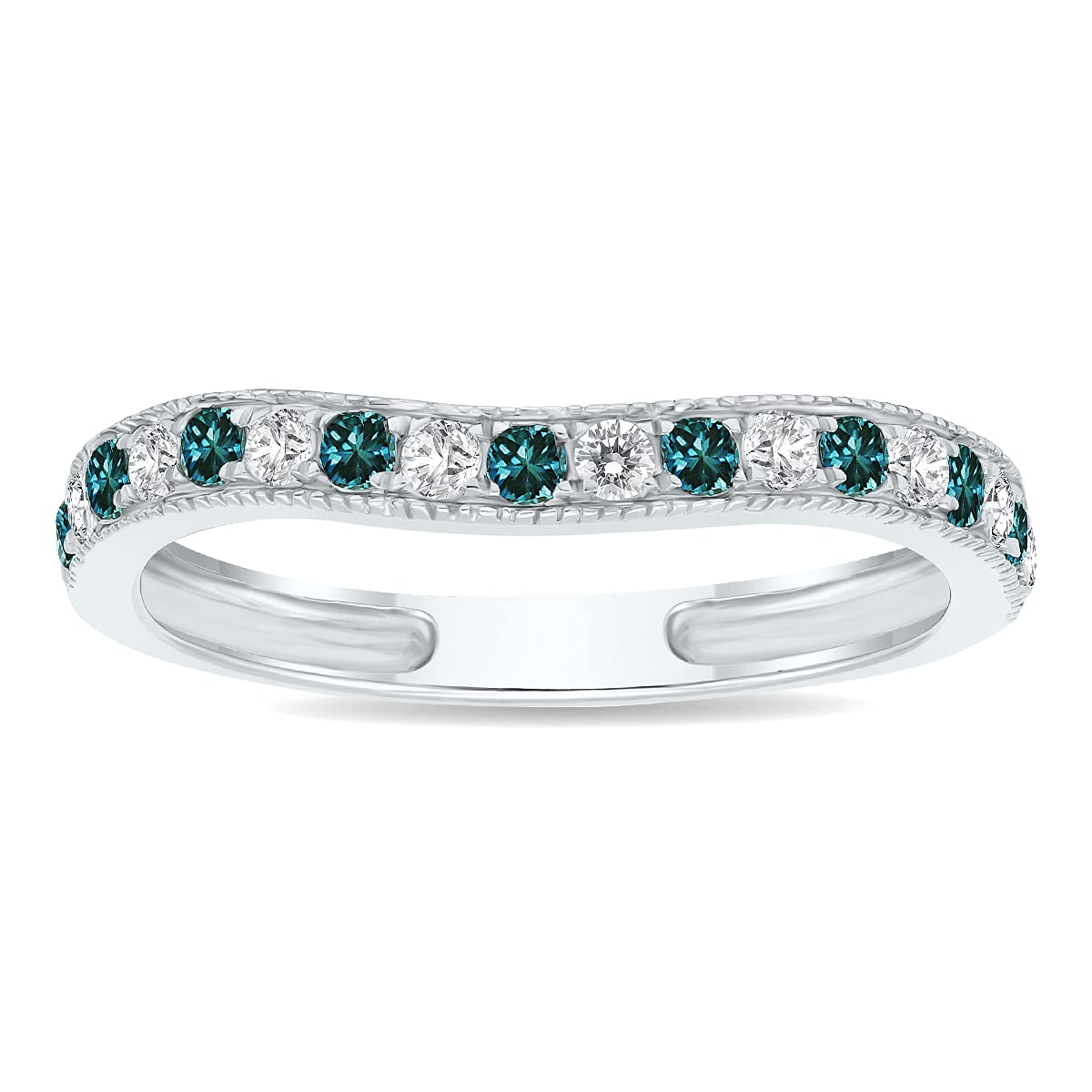 10K White Gold Women's 3/8 Carat TW Blue & White Diamond Curved Band Ring - Elegant Wedding, Anniversary or Everyday Jewelry Gift