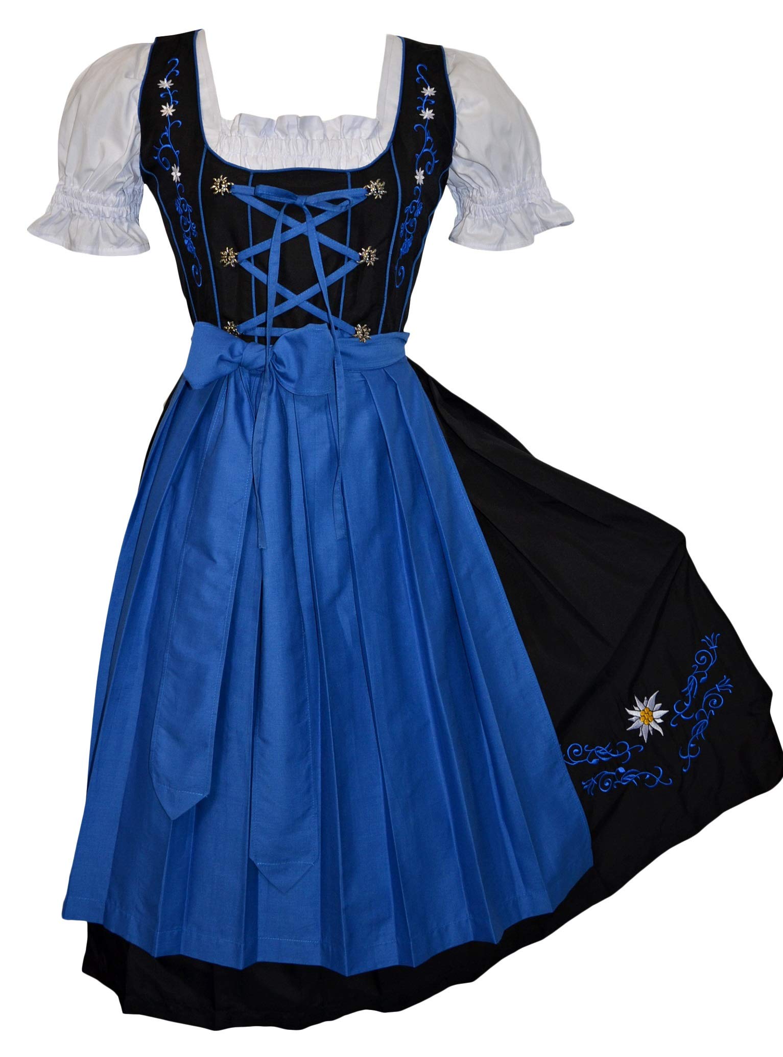 Authentic German Embroidered Oktoberfest Dirndl Dress - 3-Piece Set in Black & Blue | Traditional Bavarian Costume for Women | Perfect for Oktoberfest, Halloween, and Cultural Events