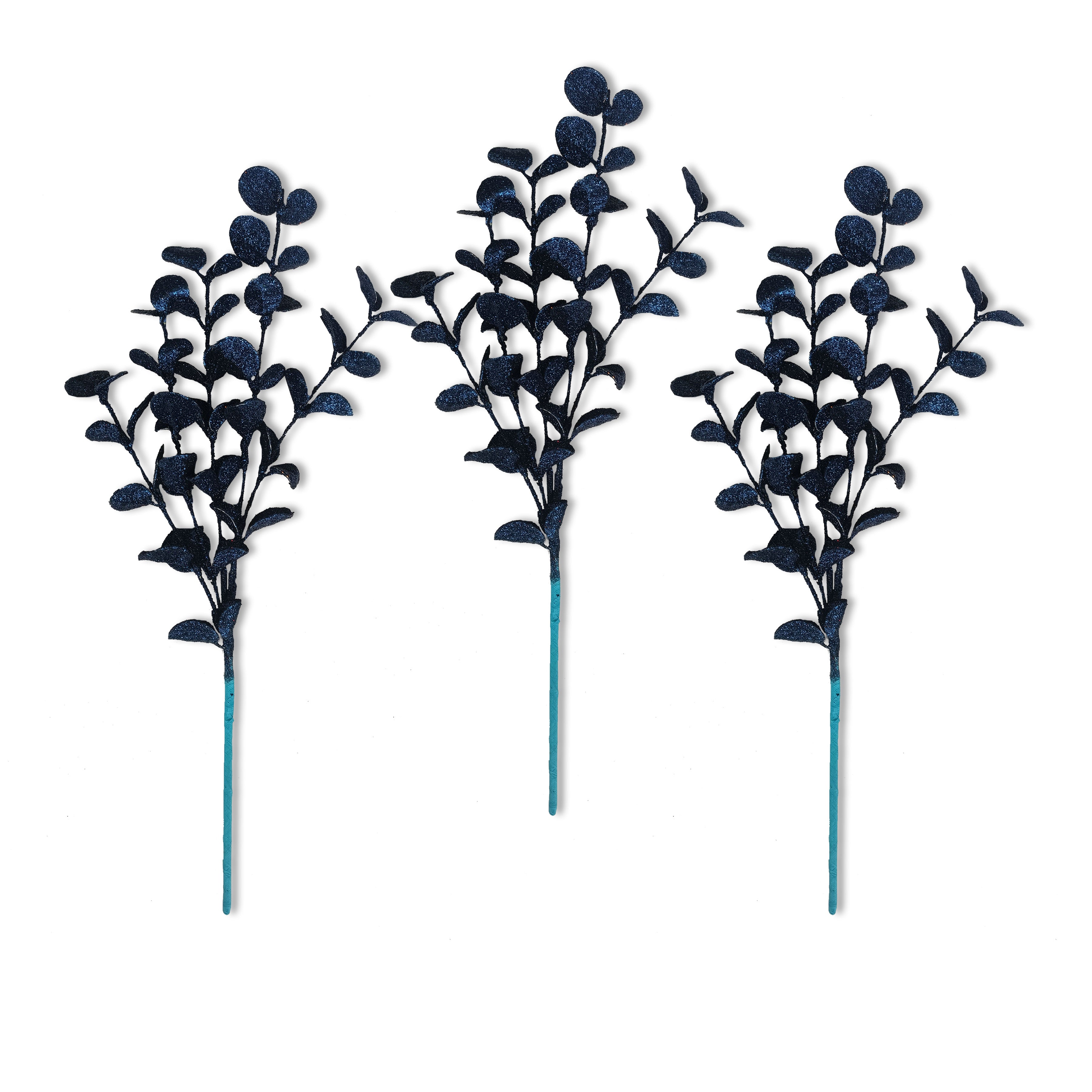 3 Pack Navy Blue Glitter Leaf Spray Picks - Floral Arrangement Decor for Weddings, Parties & DIY Crafts