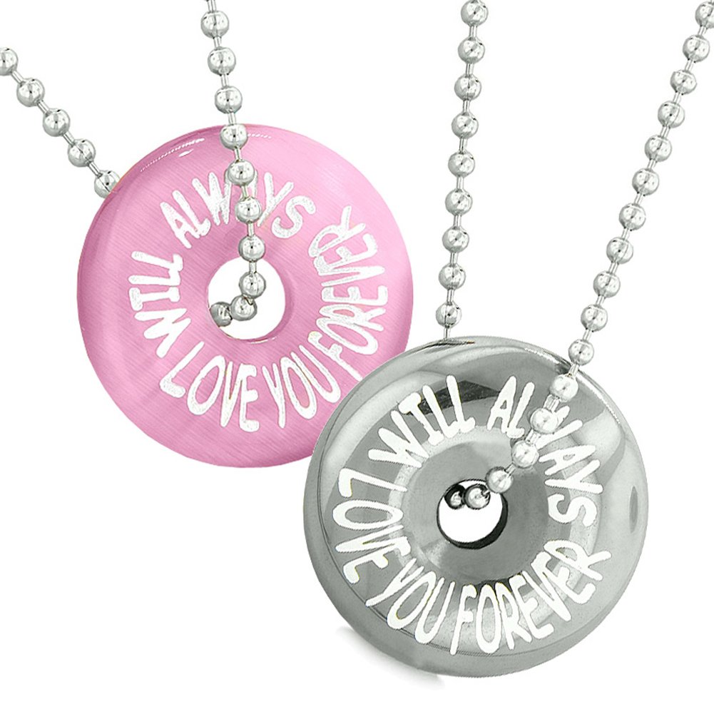 BestAmulets Couples Necklace Set - Pink Simulated Cat's Eye Hematite Donut Pendant Love Forever Lucky Charm Jewelry for Couples, Anniversary Gift, Romantic Date Night Accessory