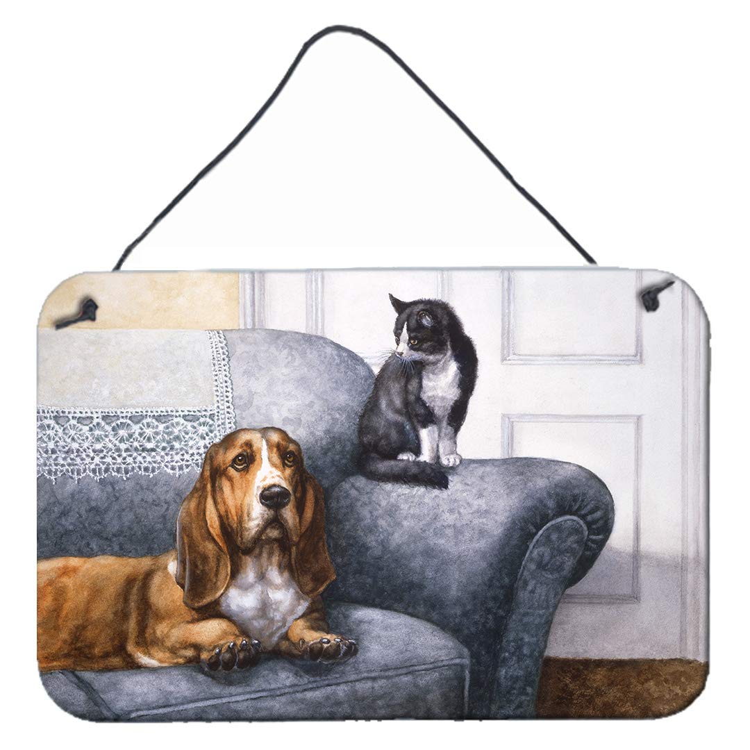 Basset Hound and Cat on Couch Metal Wall Art - 8x12 Aluminum Sign for Kitchen, Bar, Bathroom Decor - Durable Home & Office Hanging Plaque - Perfect for Pet Lovers & Country Style Interior Design