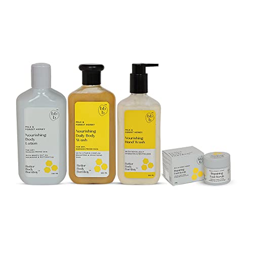 BBB Better Body Bombay Deep Nourishment Body Care Gift Set - Milk & Honey Moisturizing Body Lotion (10.1oz) + Daily Body Wash (10.1oz) + Exfoliating Foot Scrub (3.4oz) + Hydrating Hand Wash (10.1oz), 3-Piece Skincare Bundle for Dry Skin - Perfect for Spa Day, Self Care & Gifts