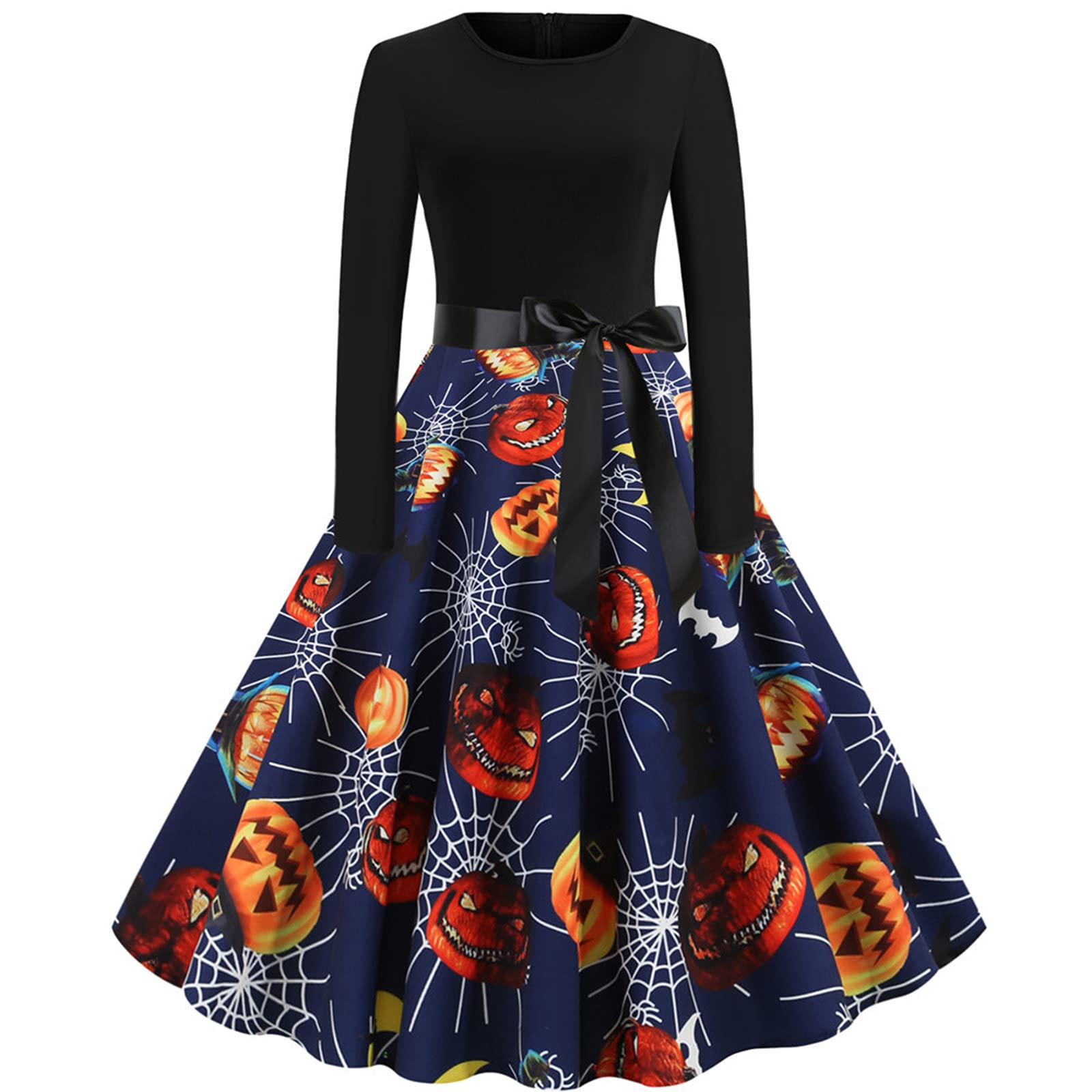 Vintage Halloween Dresses for Women - Long Sleeve Bow Waist Animal Print Party Swing Dress with O-Neck | Perfect for Costume Parties, Cosplay & Halloween Events