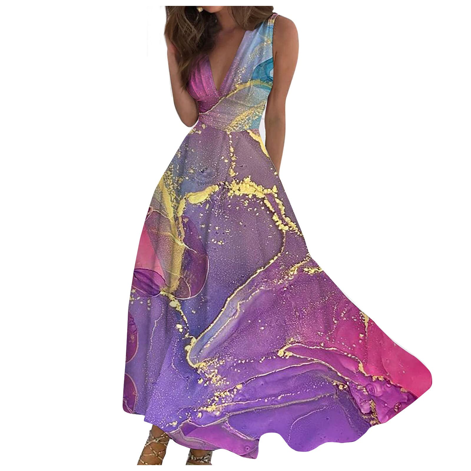 Elegant Wrap V-Neck Sleeveless Maxi Dress for Women - Trendy Marble Print Flowy Beach Dress for Spring Summer 2025 | Perfect for Vacations, Weddings & Casual Outings