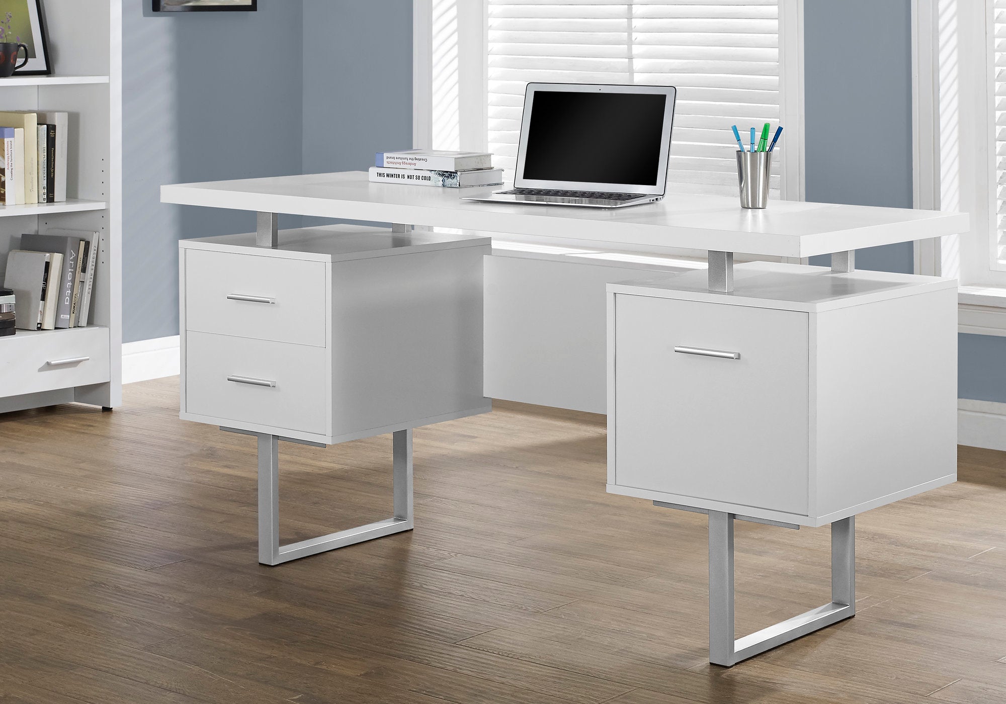 60L White & Silver Metal Office Series Storage Cabinet - Perfect for Home, Office & Classroom Organization