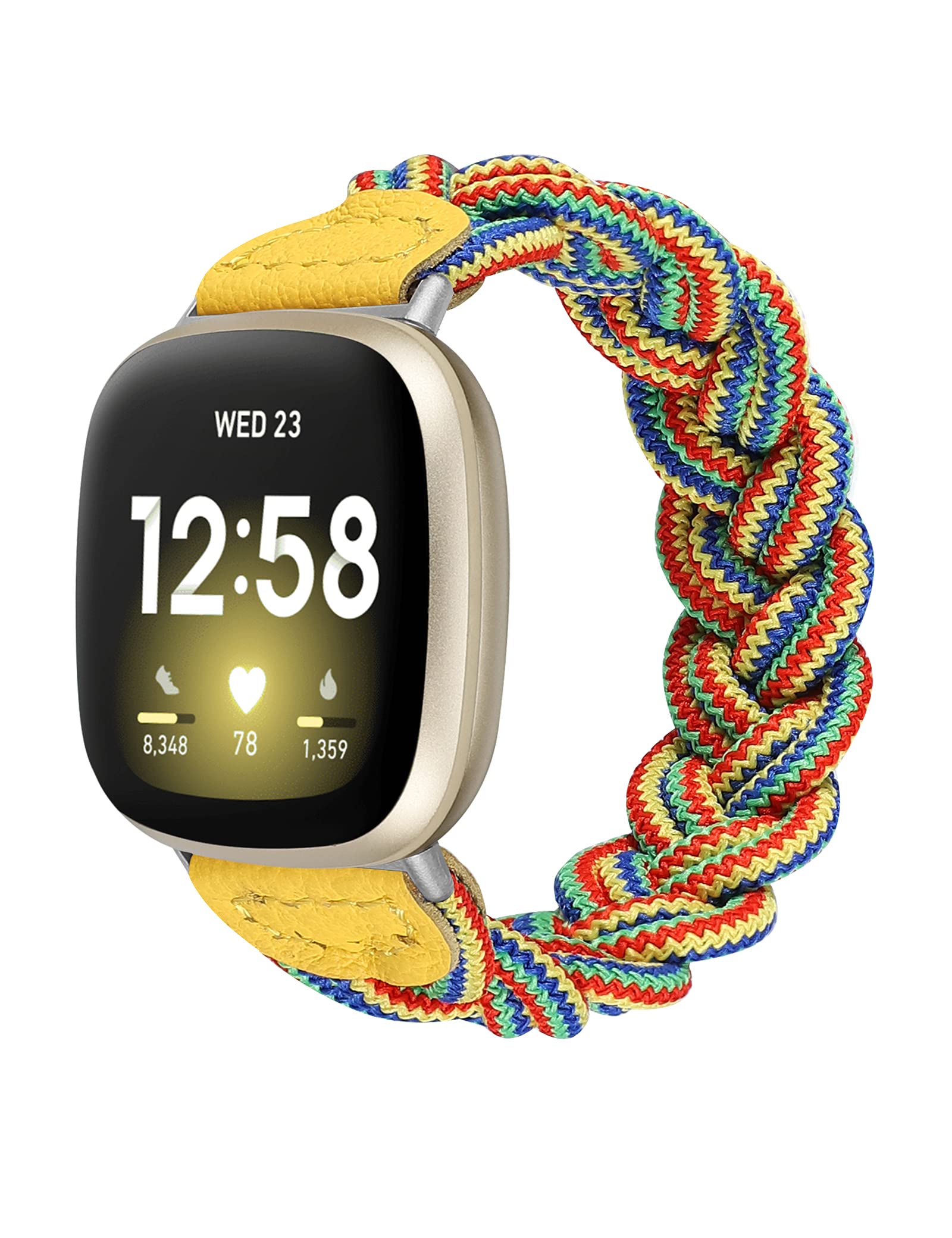 Elastic Braided Solo Loop Strap Compatible with Fitbit Sense/Sense 2/Versa 3/Versa 4 - Slim Stretchy Woven Wristband for Women (Blue & Yellow, Medium) - Perfect for Workouts, Running & Daily Wear
