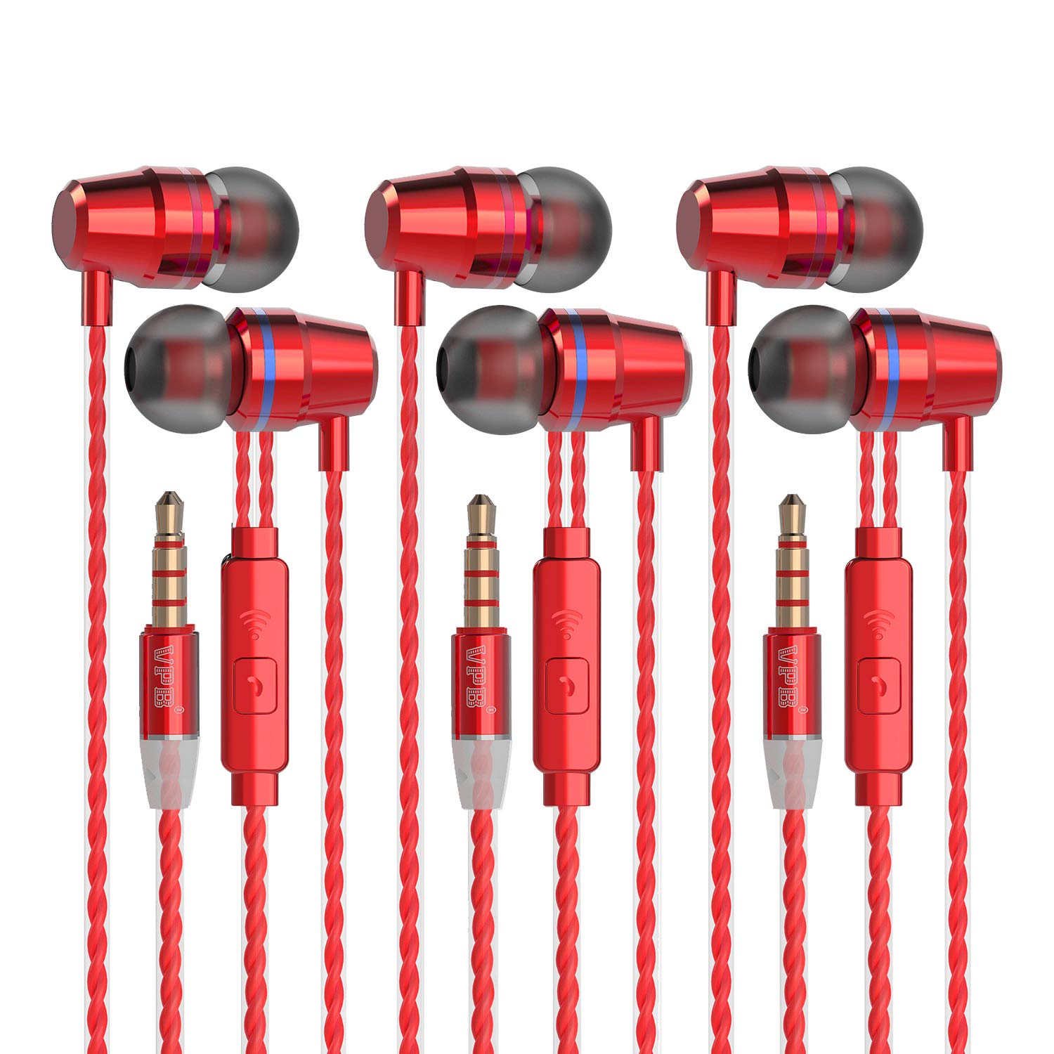 **VPB V1 In-Ear Headphones with Remote & Mic - Stereo Sound, Noise Isolating, Tangle-Free - Compatible with iOS, Android, Smartphones, Laptops, Gaming (3 Pairs, Red) - Perfect for Workouts, Commuting & Travel**
