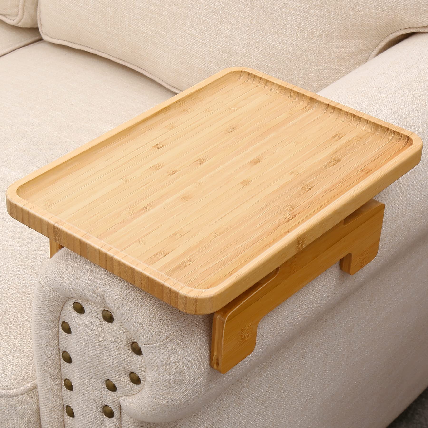 Bamboo Clip-On Couch Arm Tray Table - Portable Sofa Armrest Tray for Drinks, Food & Dining - Perfect for Small Spaces, Living Room, Bedroom & Home Theater Use