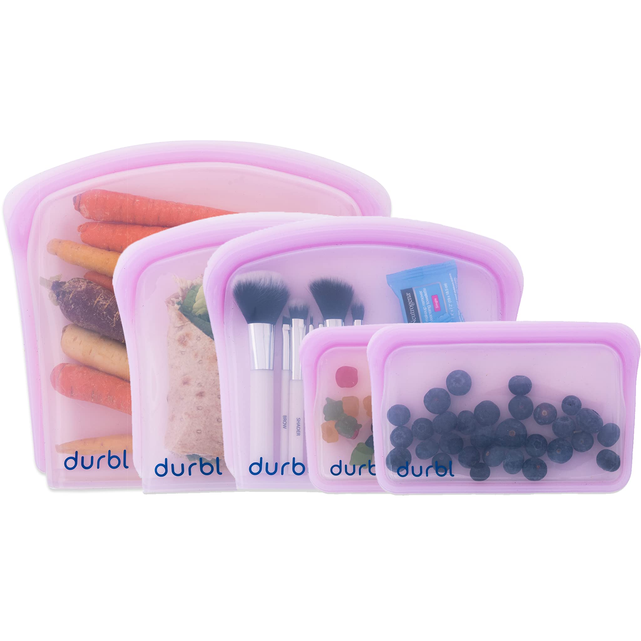 Durbl - 5 Pack Reusable Silicone Food Storage Bags (Lavender) | BPA Free, Dishwasher Safe & Leakproof | Stand Up Design for Easy Storage | Perfect for Meal Prep, Kids Snacks, Travel & Sandwich Storage