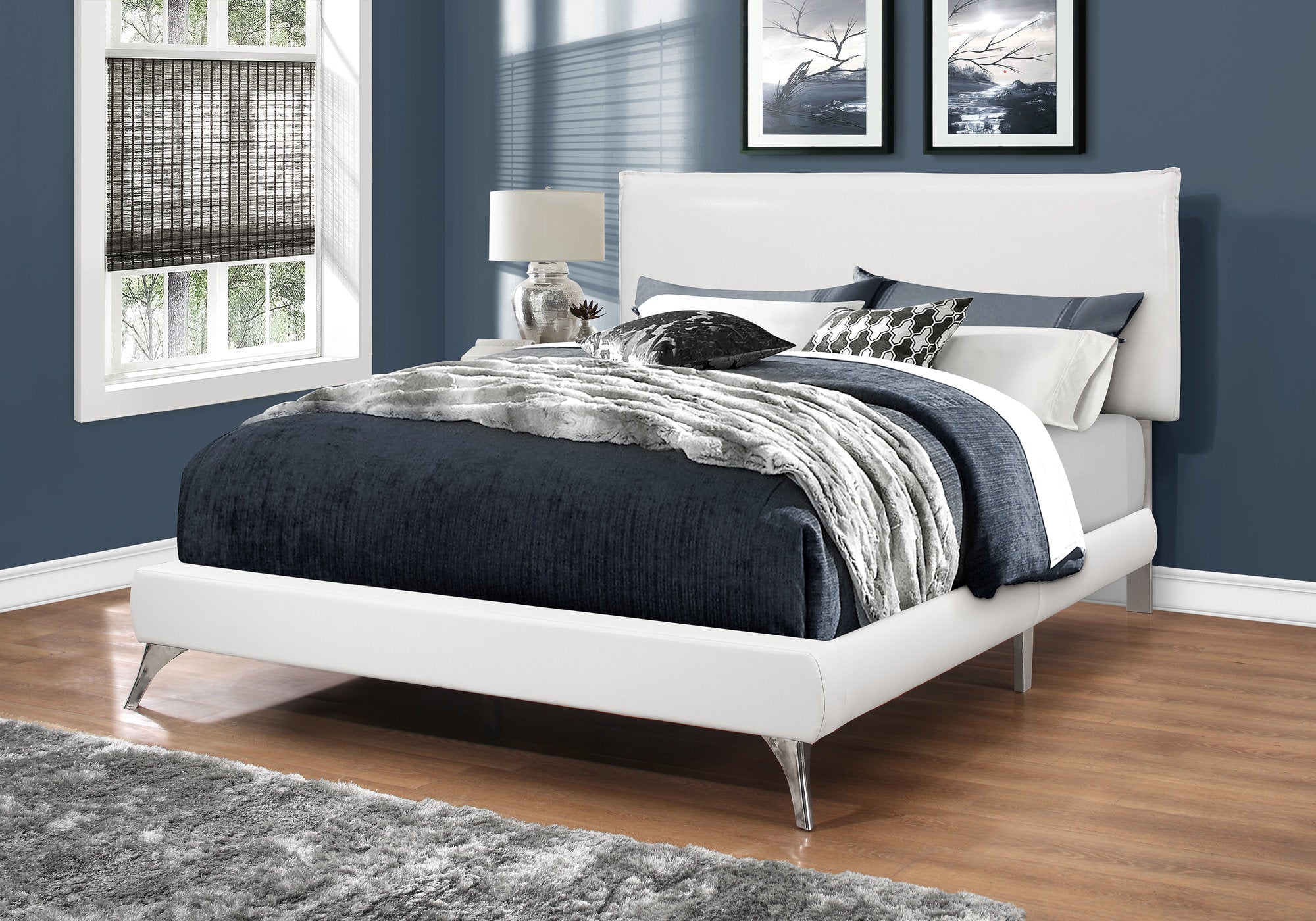 Queen Size Bed Frame - White Faux Leather Upholstered with Chrome Legs - Modern Bedroom Furniture for Home, Apartment, and Guest Room