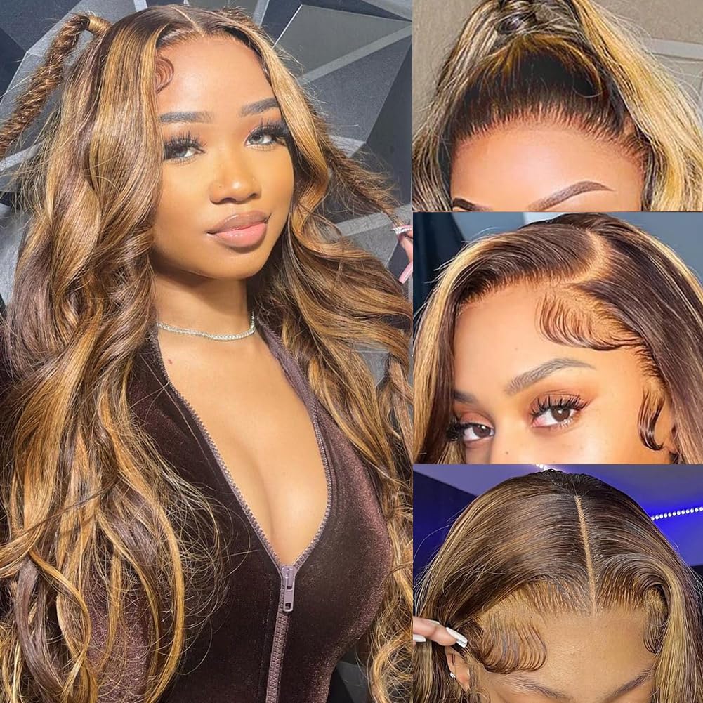 V SHOW 13x6 Lace Front Wigs Human Hair - 28 Inch Body Wave Ombre Lace Frontal Wig with Pre Plucked Hairline & Baby Hair (180% Density, 4/27 Transparent Lace) | Perfect for Daily Wear, Parties & Special Occasions